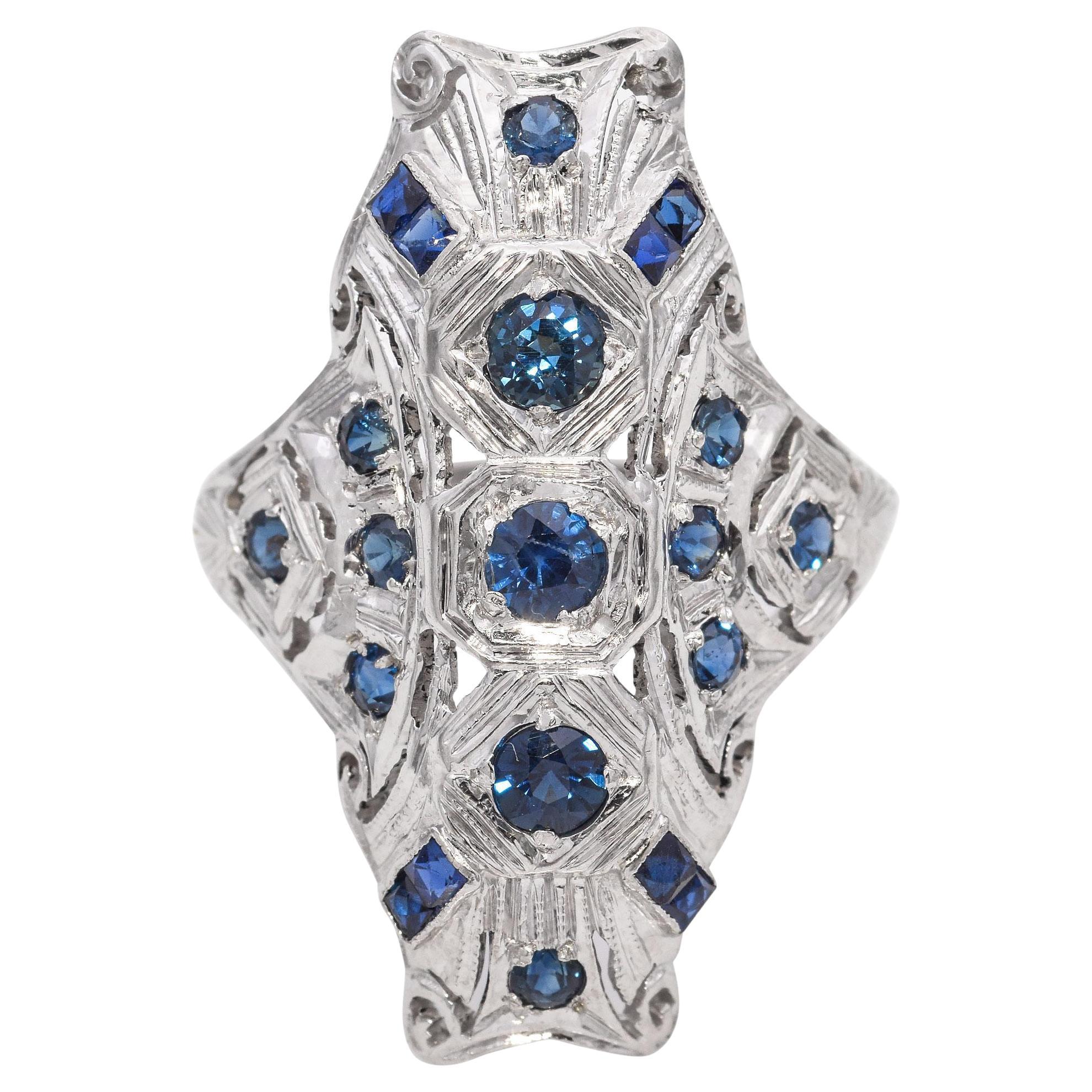Art Deco 18k White Gold Sapphire Dinner Ring