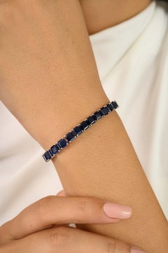 Art Déco Pulsera Tenis Zafiro Oro Blanco 18k 20.32 CTW Zafiros talla cuadrada