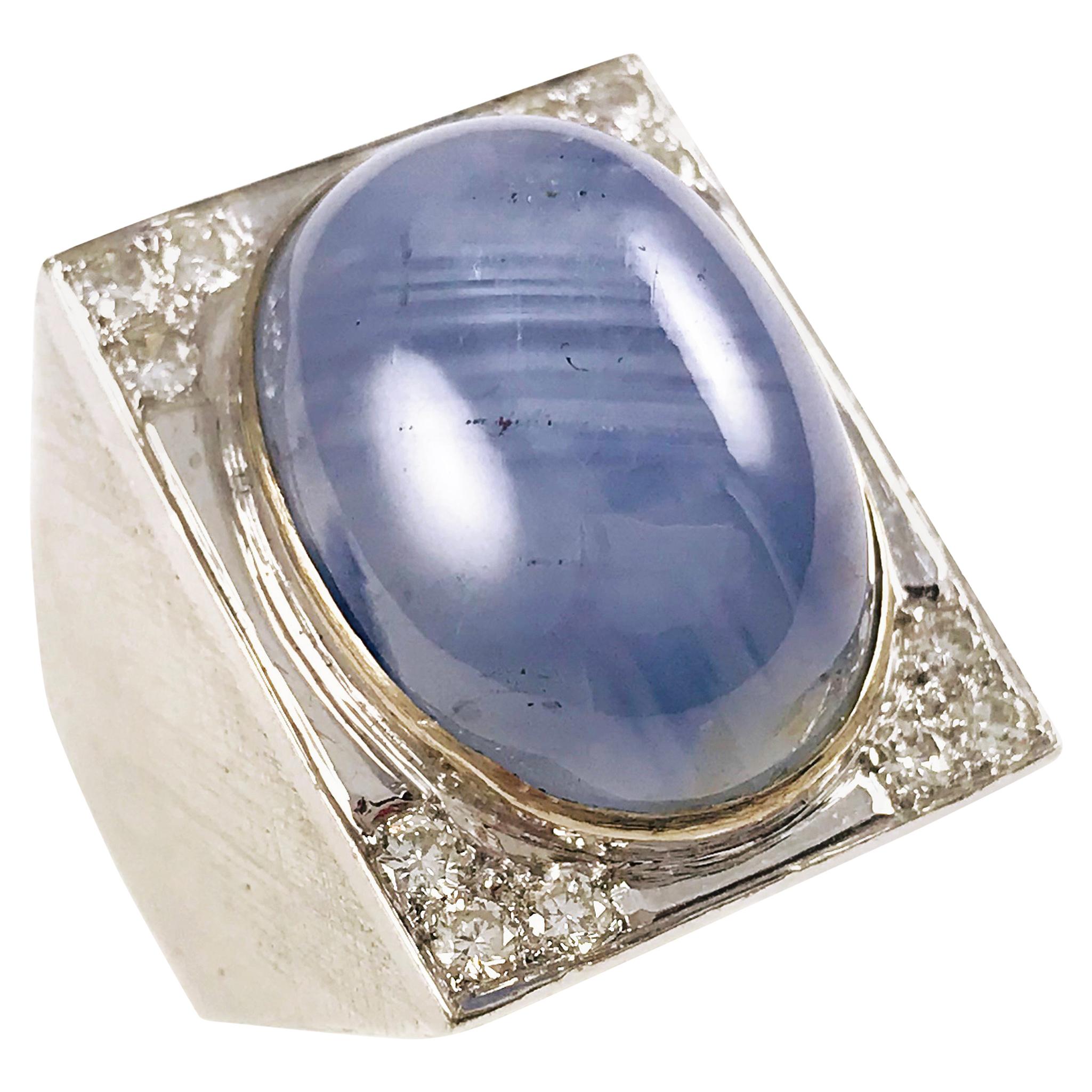 Art Deco 18K White Gold Star Sapphire Diamond Ring, 20.04ctw, Size 10