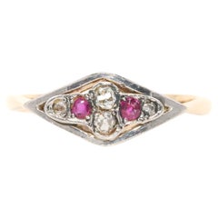 Antique Art Deco 18K Yellow Gold and Platinum Diamond and Ruby Lozenge Shaped Ring