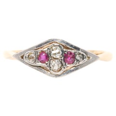 Art Deco 18K Yellow Gold and Platinum Diamond and Ruby Lozenge Shaped Ring