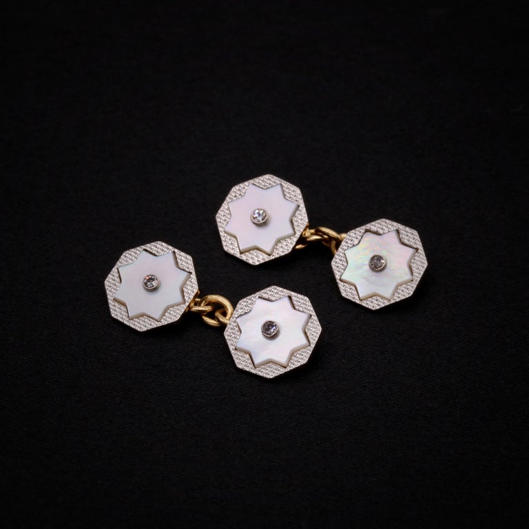 Boutons De Manchette Vintage Or 18 Carats Et Nacre - Style Edwardien, Occasion