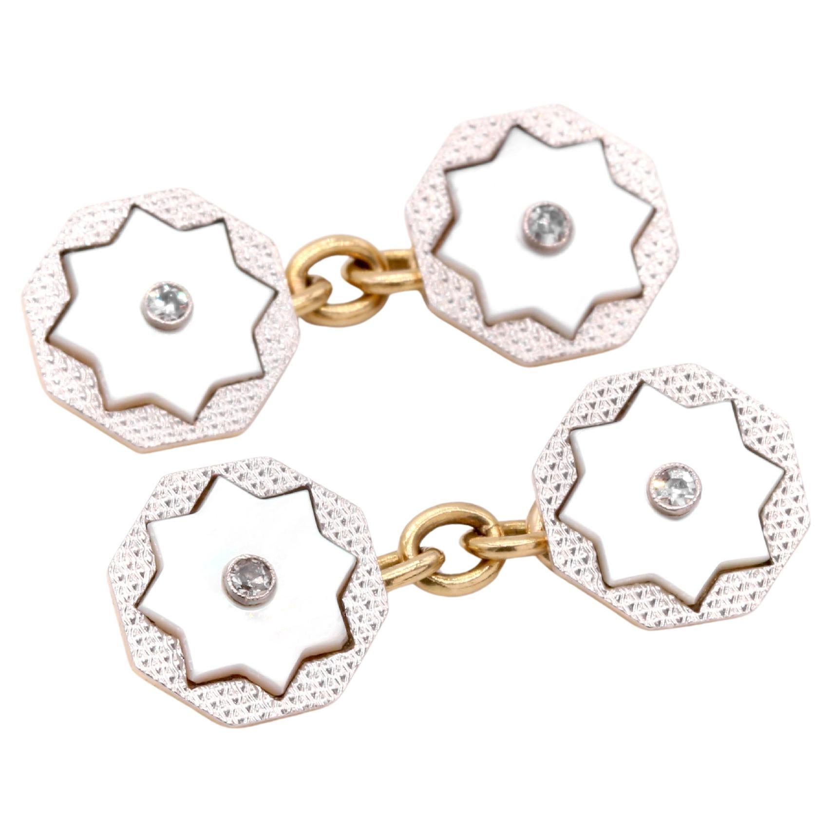 Art Deco 18K Yellow Gold and Platinum Mother of Pearl and Diamond Star Cufflinks