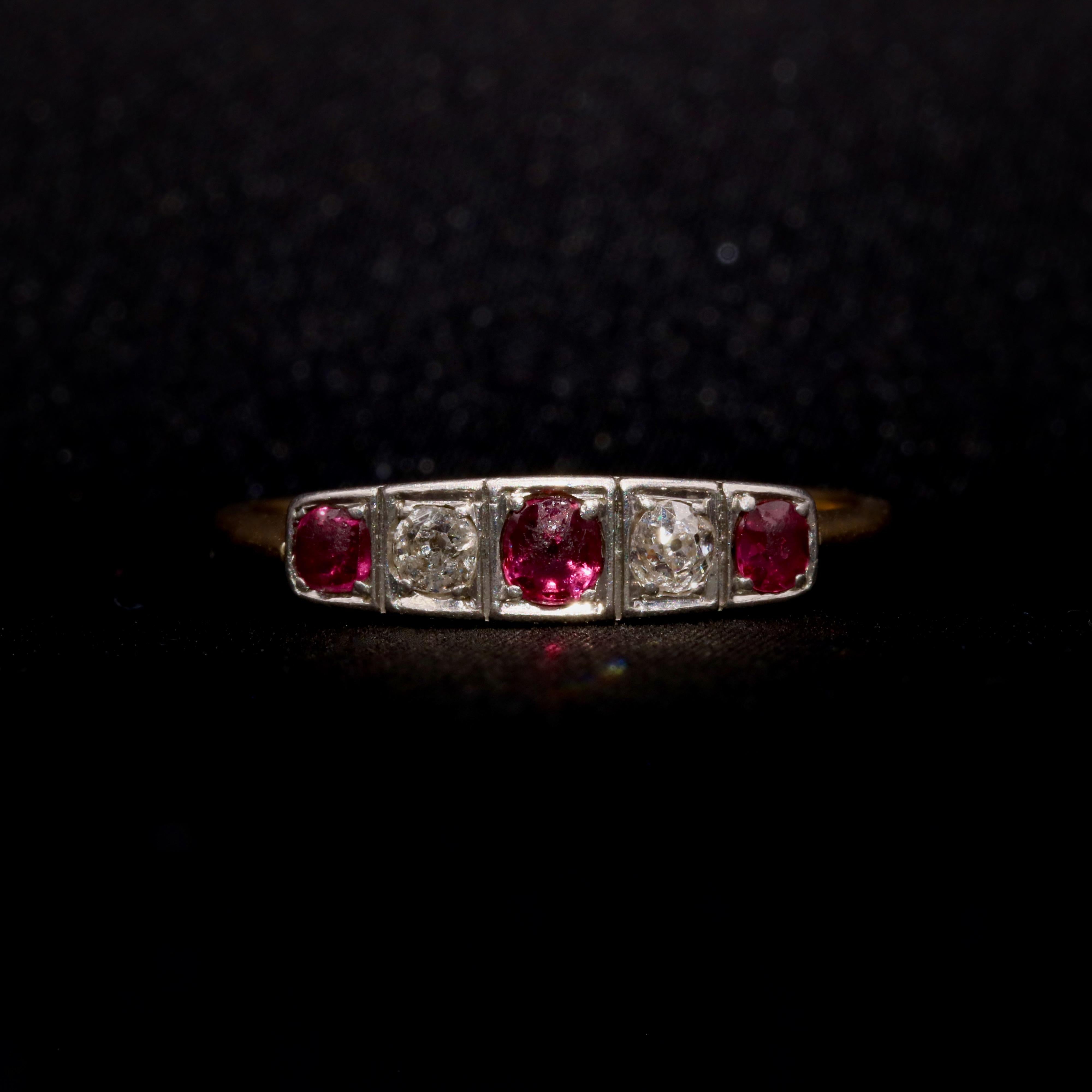 Cushion Cut Art Deco 18K Yellow Gold and Platinum Ruby and Old Mine Cut Diamond 5 Stone Ring For Sale