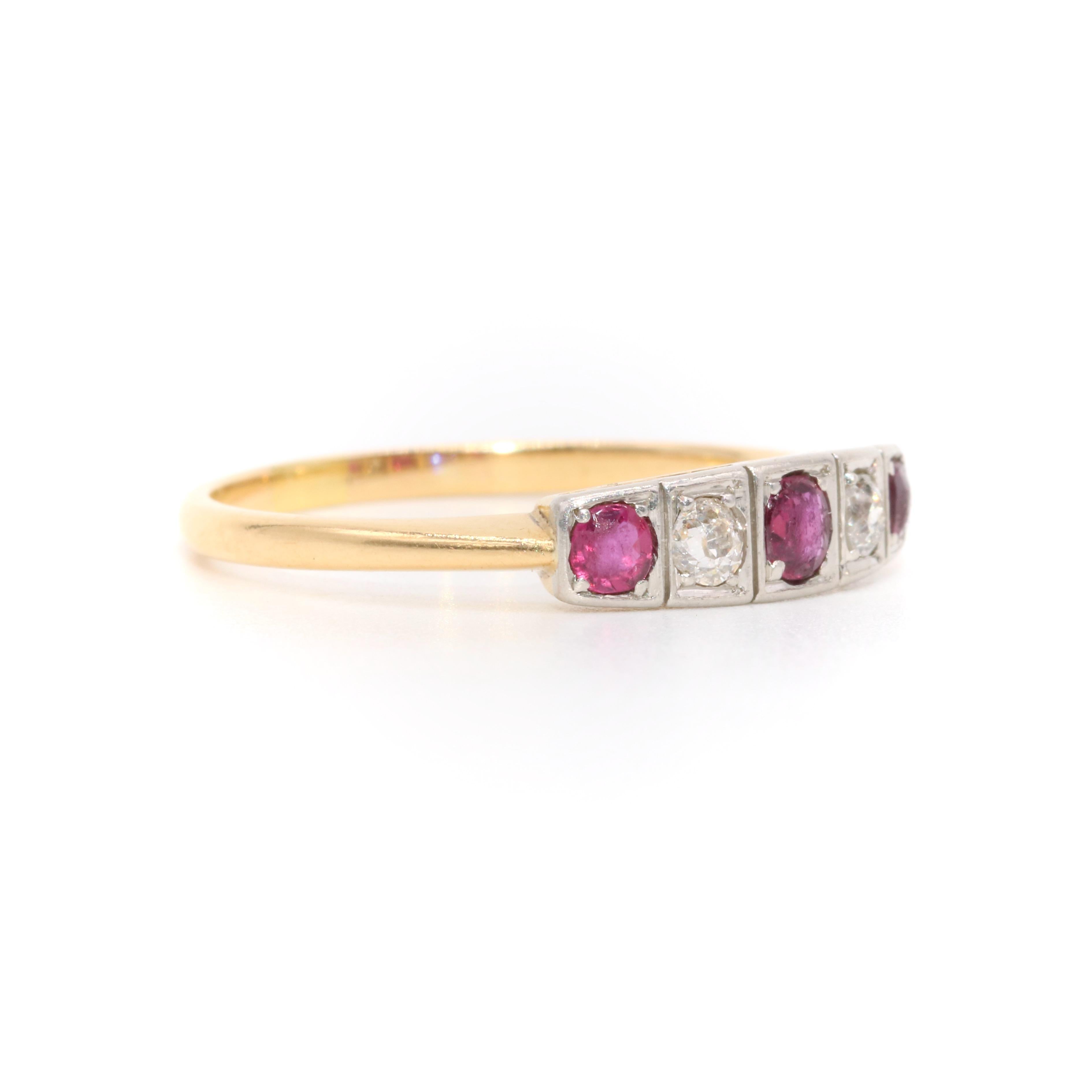 Women's or Men's Art Deco 18K Yellow Gold and Platinum Ruby and Old Mine Cut Diamond 5 Stone Ring For Sale
