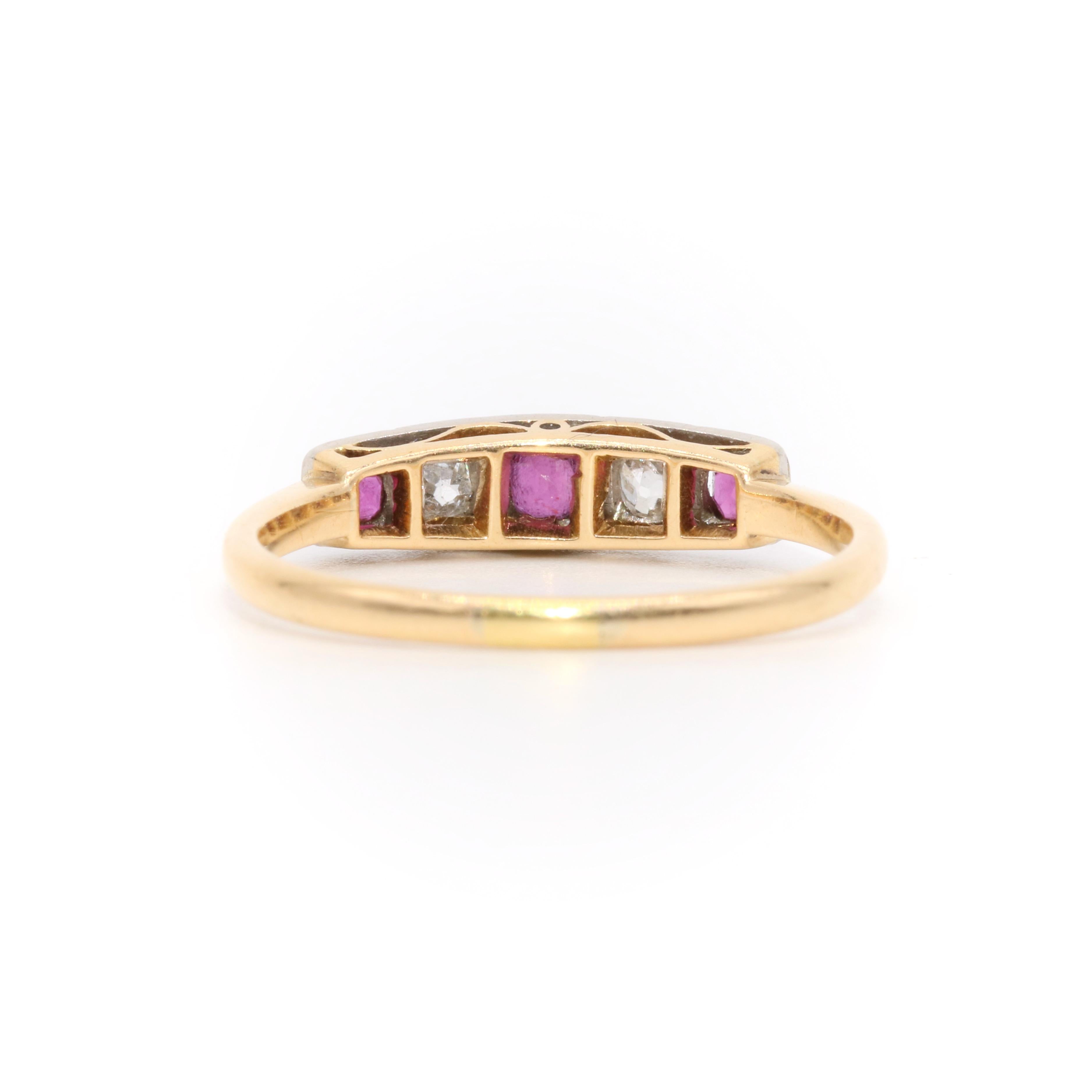 Art Deco 18K Yellow Gold and Platinum Ruby and Old Mine Cut Diamond 5 Stone Ring For Sale 2