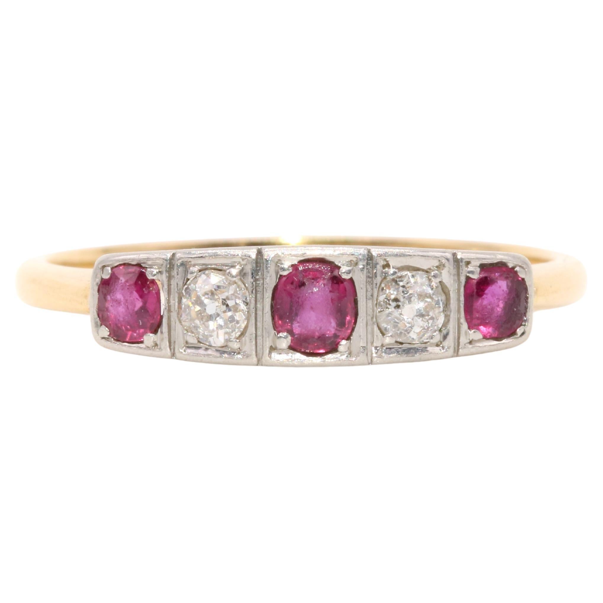 Art Deco 18K Yellow Gold and Platinum Ruby and Old Mine Cut Diamond 5 Stone Ring