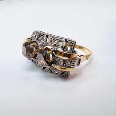Art Deco 18k Yellow Gold and Platinum Set Chocolate Diamond Filigree Ring