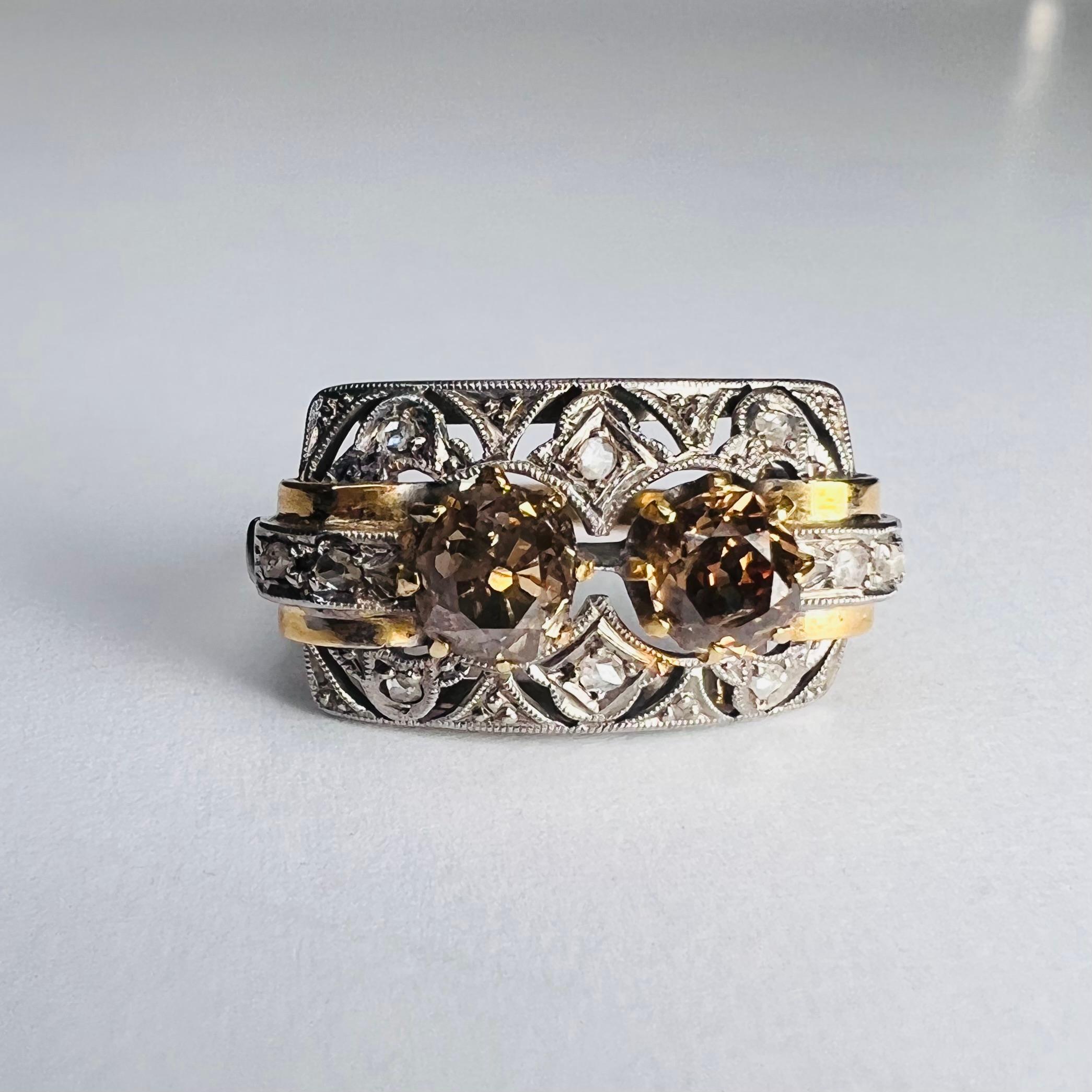 Bague filigrane Art Déco en or jaune 18 carats et platine sertie de diamants chocolat Unisexe en vente