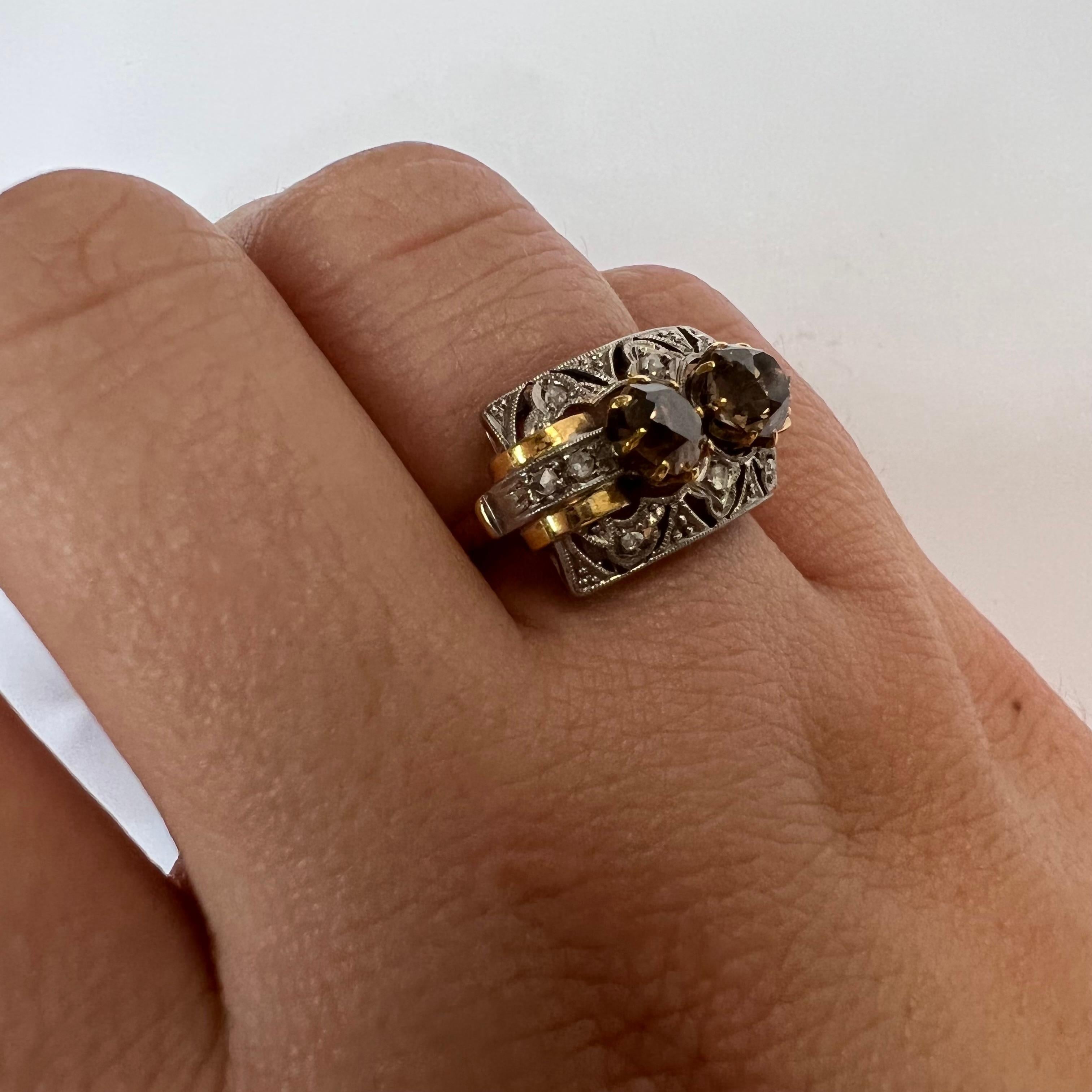 Art Deco 18k Yellow Gold and Platinum Set Chocolate Diamond Filigree Ring In Excellent Condition For Sale In Addison, TX