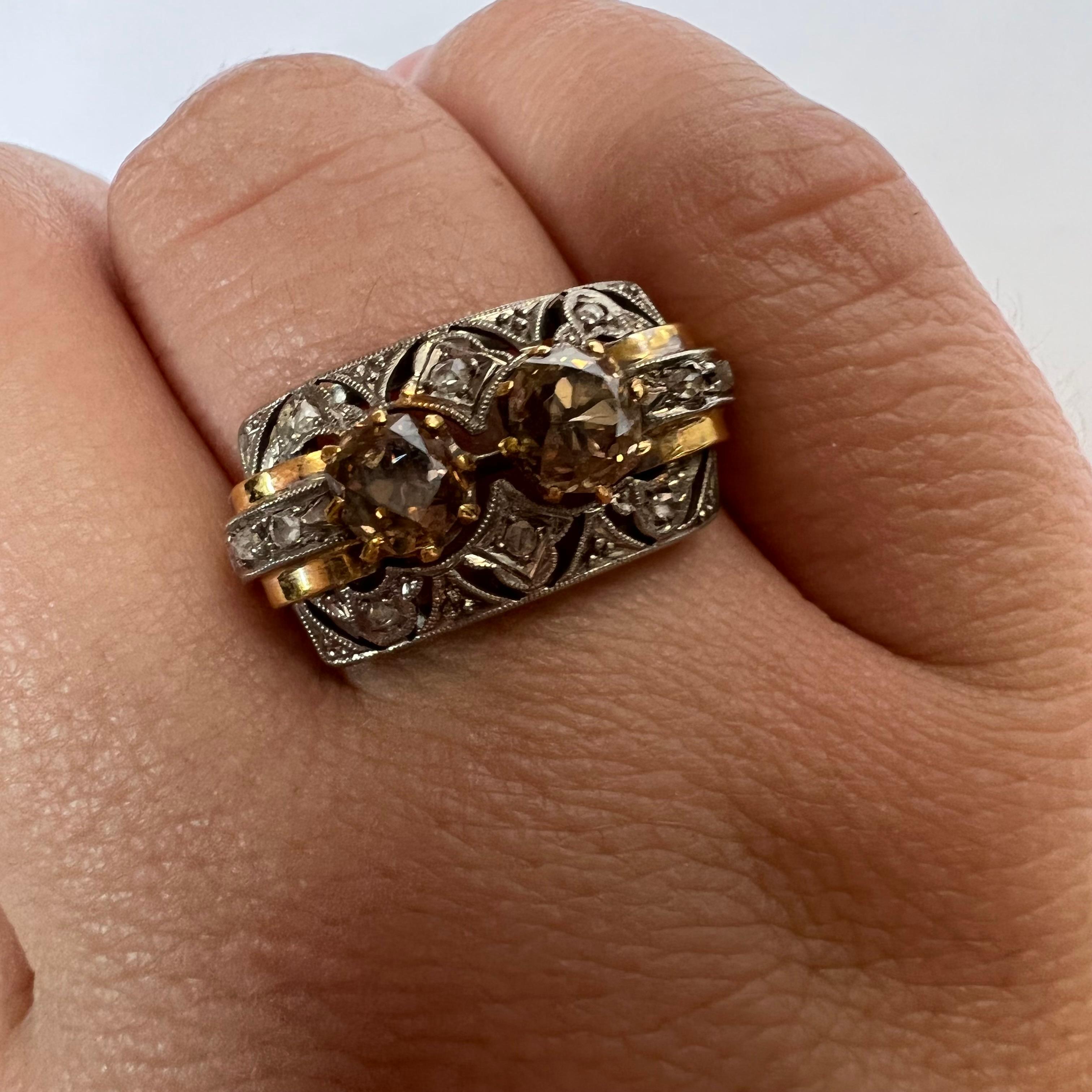 Art Deco 18k Yellow Gold and Platinum Set Chocolate Diamond Filigree Ring For Sale 1