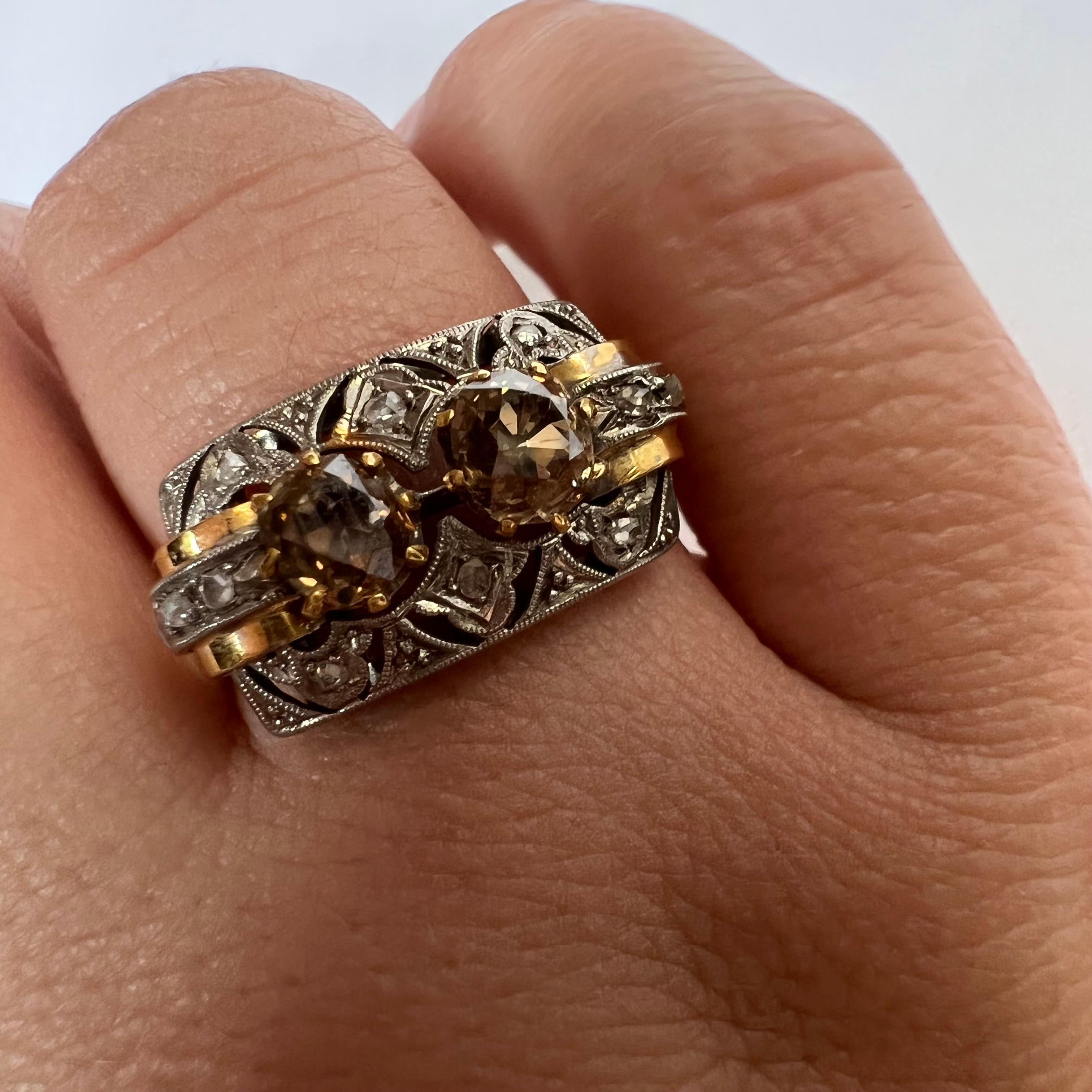 Art Deco 18k Yellow Gold and Platinum Set Chocolate Diamond Filigree Ring For Sale 2