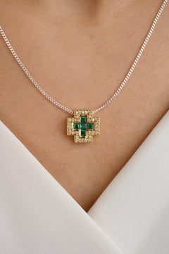 Art Deco 18k Yellow Gold Natural Emerald Diamond Bold Cross Pendant for Her