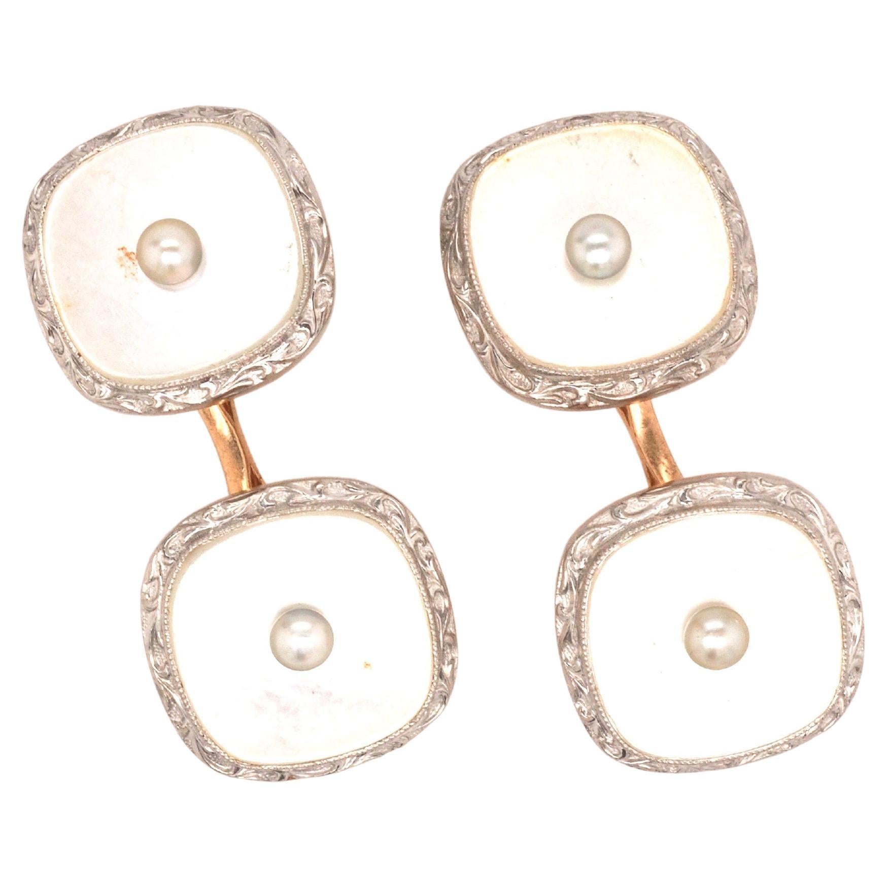 Art Deco 18K Yellow Gold Pearl Cufflinks For Sale
