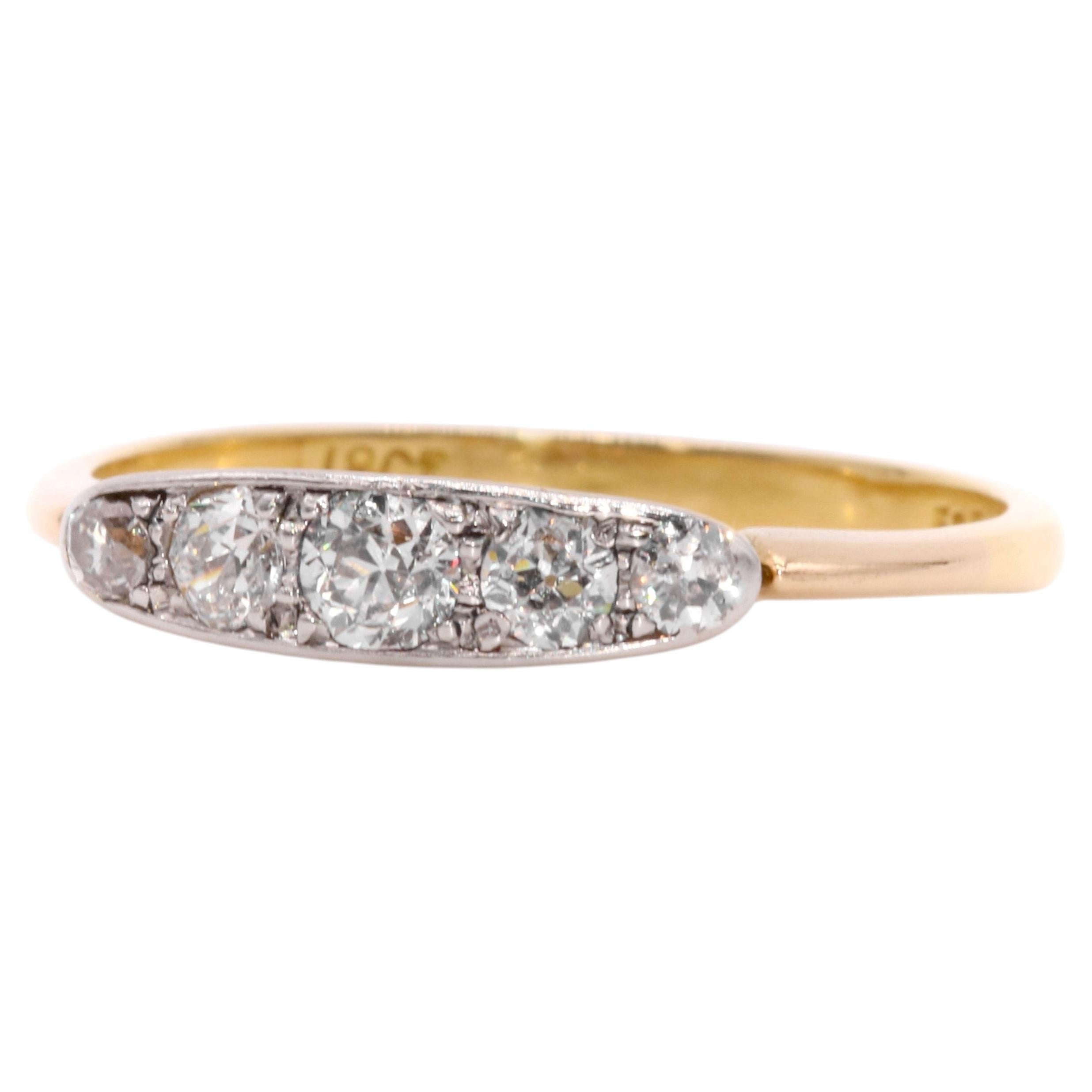 Art Deco 18K Yellow Gold & Platinum 0.4ctw Old Cut Diamond 5 Stone Ring
