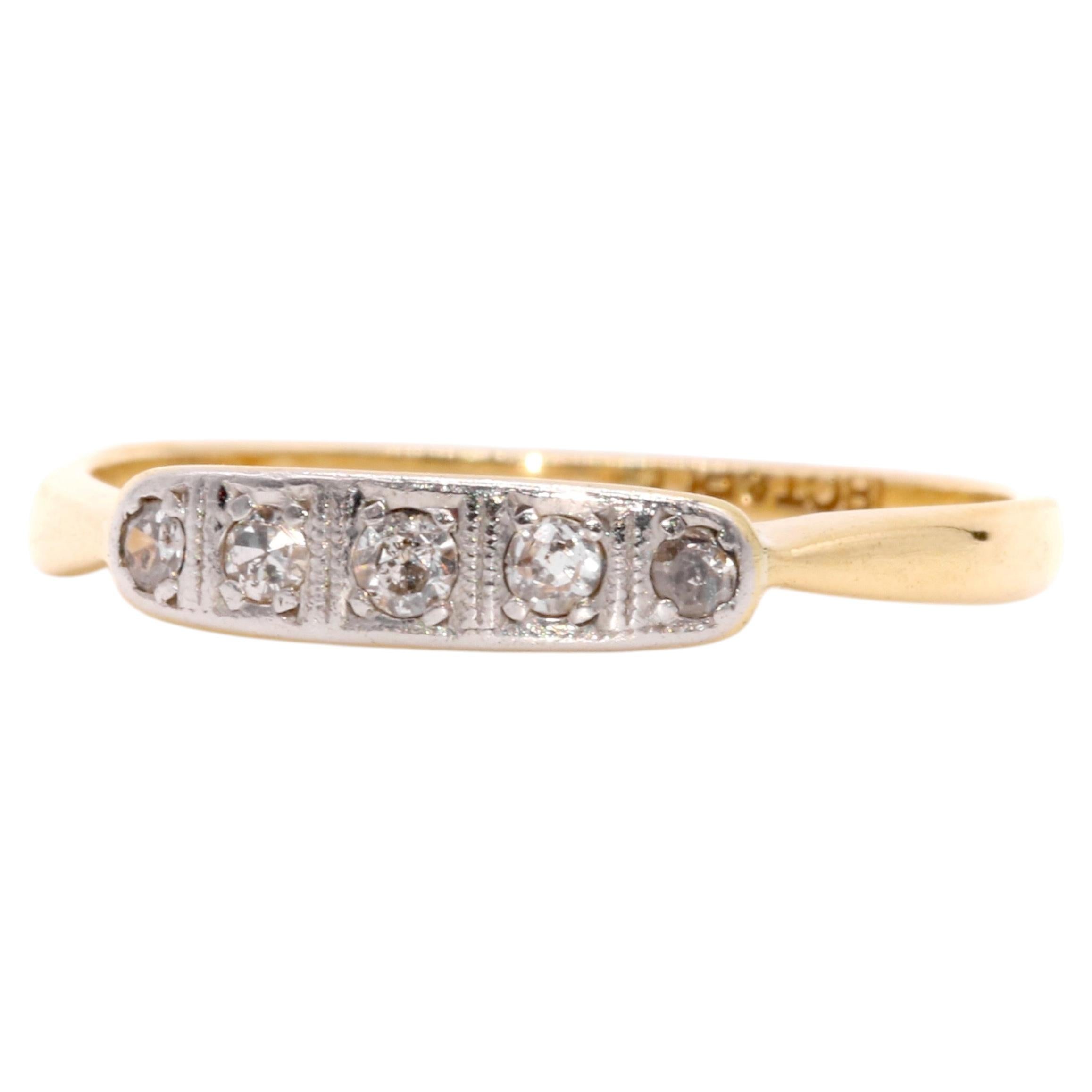 Art Deco 18K Yellow Gold & Platinum Old Cut Diamond 5 Stone Ring