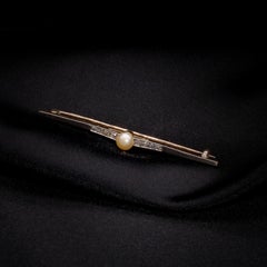 Art Deco 18K Yellow Gold & Platinum Pearl and Diamond Brooch, in Original Case