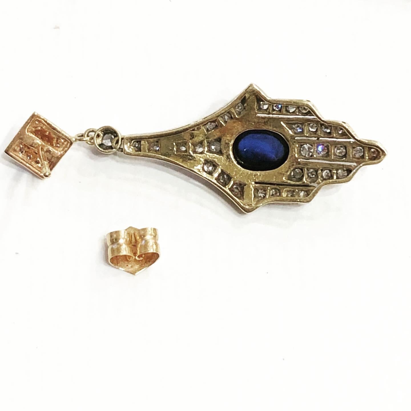 Old European Cut Art Deco 18 Karat Yellow Gold Platinum, Sapphire Cabochon Diamonds Drop Earrings For Sale