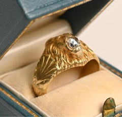 Art Nouveau 18K Yellow Gold Ring. Lion Head Sculpted Rose Cut Diamond Ring