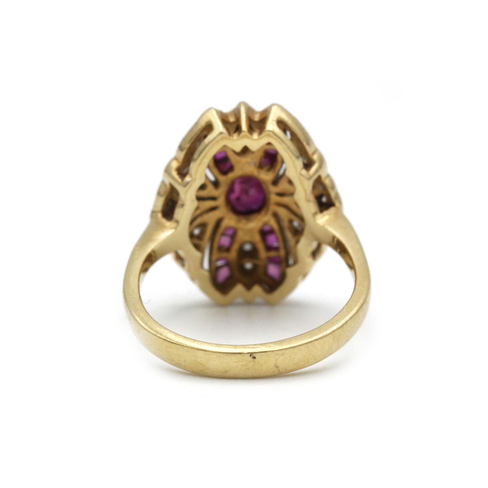 Women's Art Deco 18K Yellow Gold Ruby & Diamond Statement Cocktail Ring For Sale