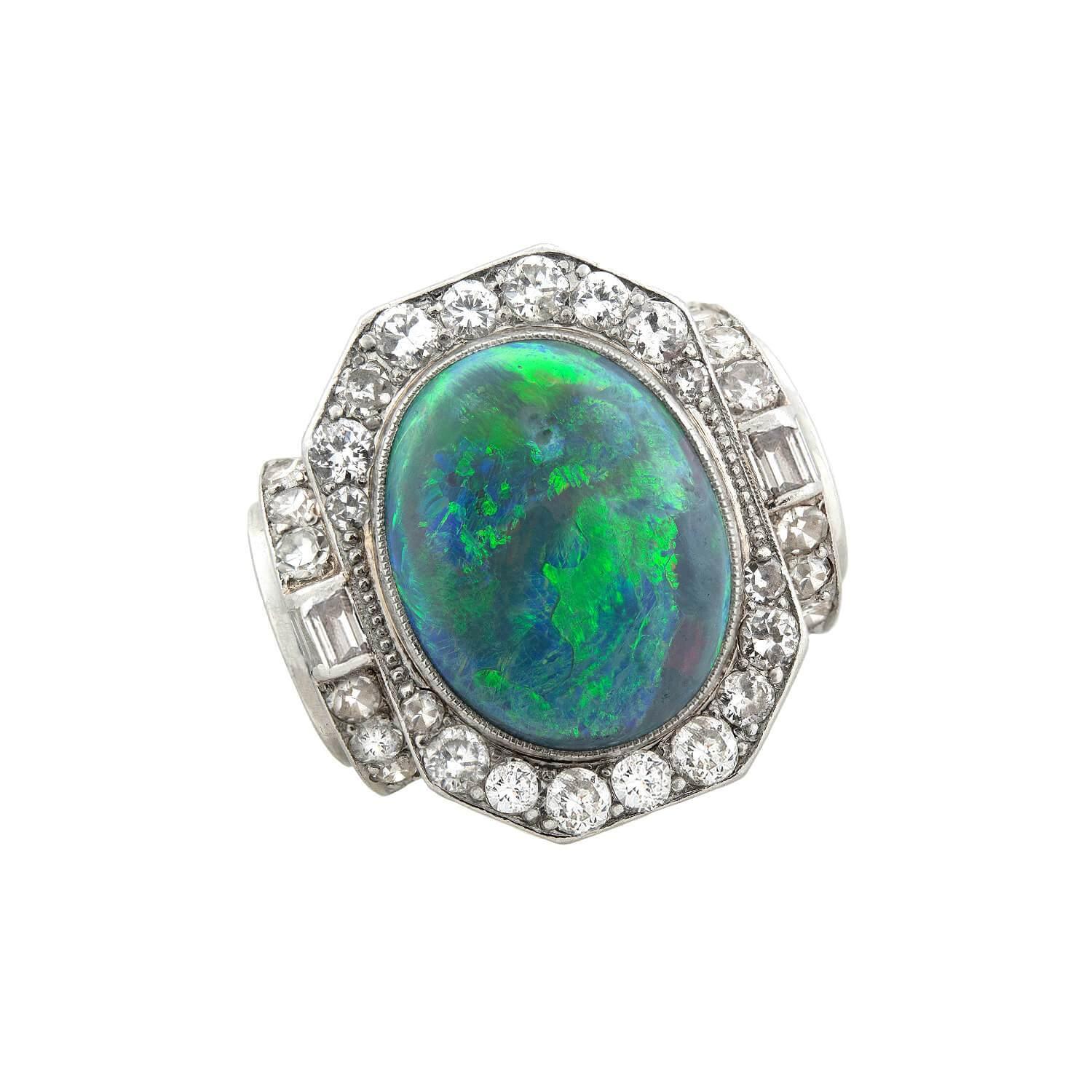 Cabochon Art Deco 18kt Black Opal + Diamond Ring