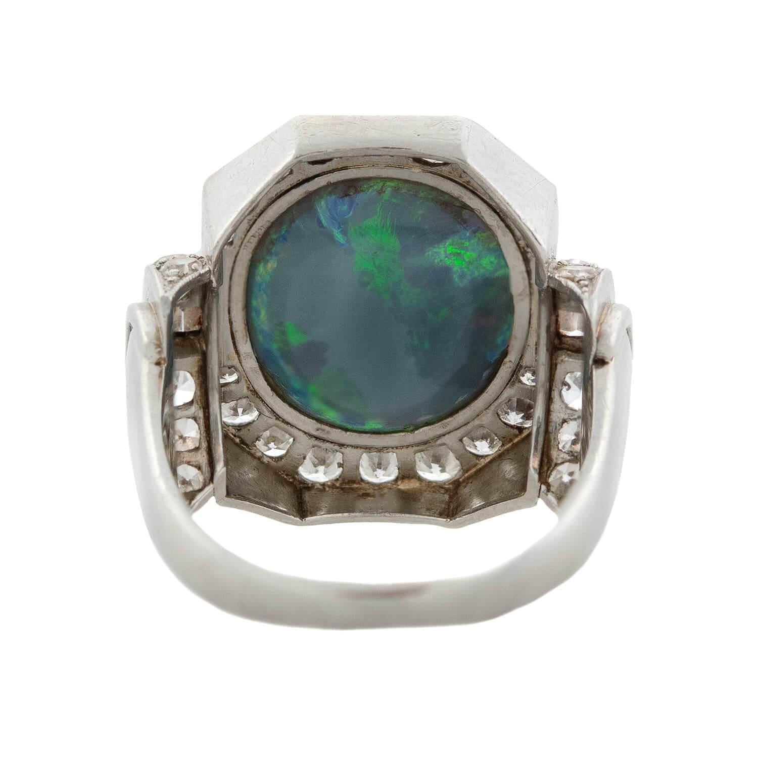 Art Deco 18kt Black Opal + Diamond Ring In Good Condition In Narberth, PA