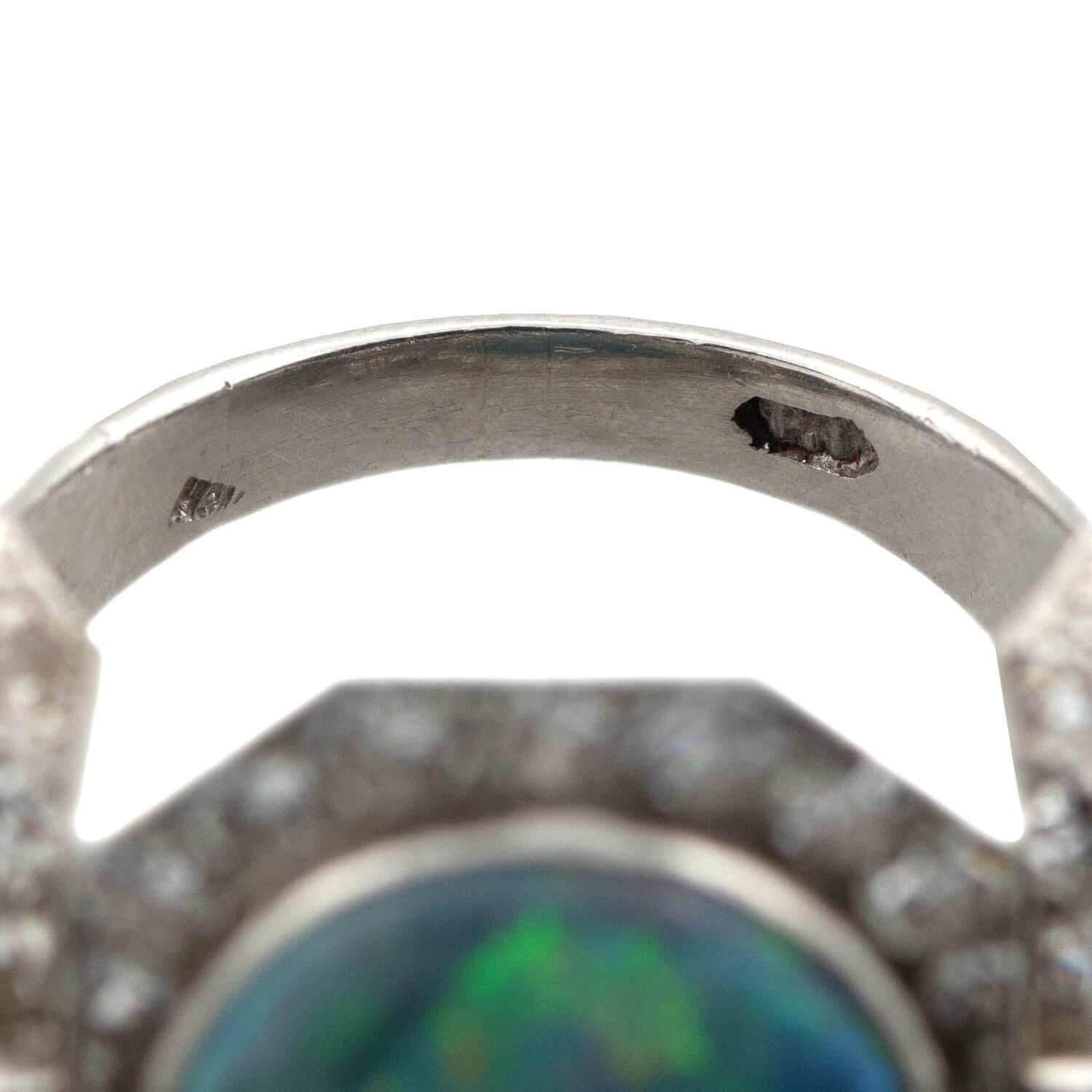 Women's Art Deco 18kt Black Opal + Diamond Ring For Sale