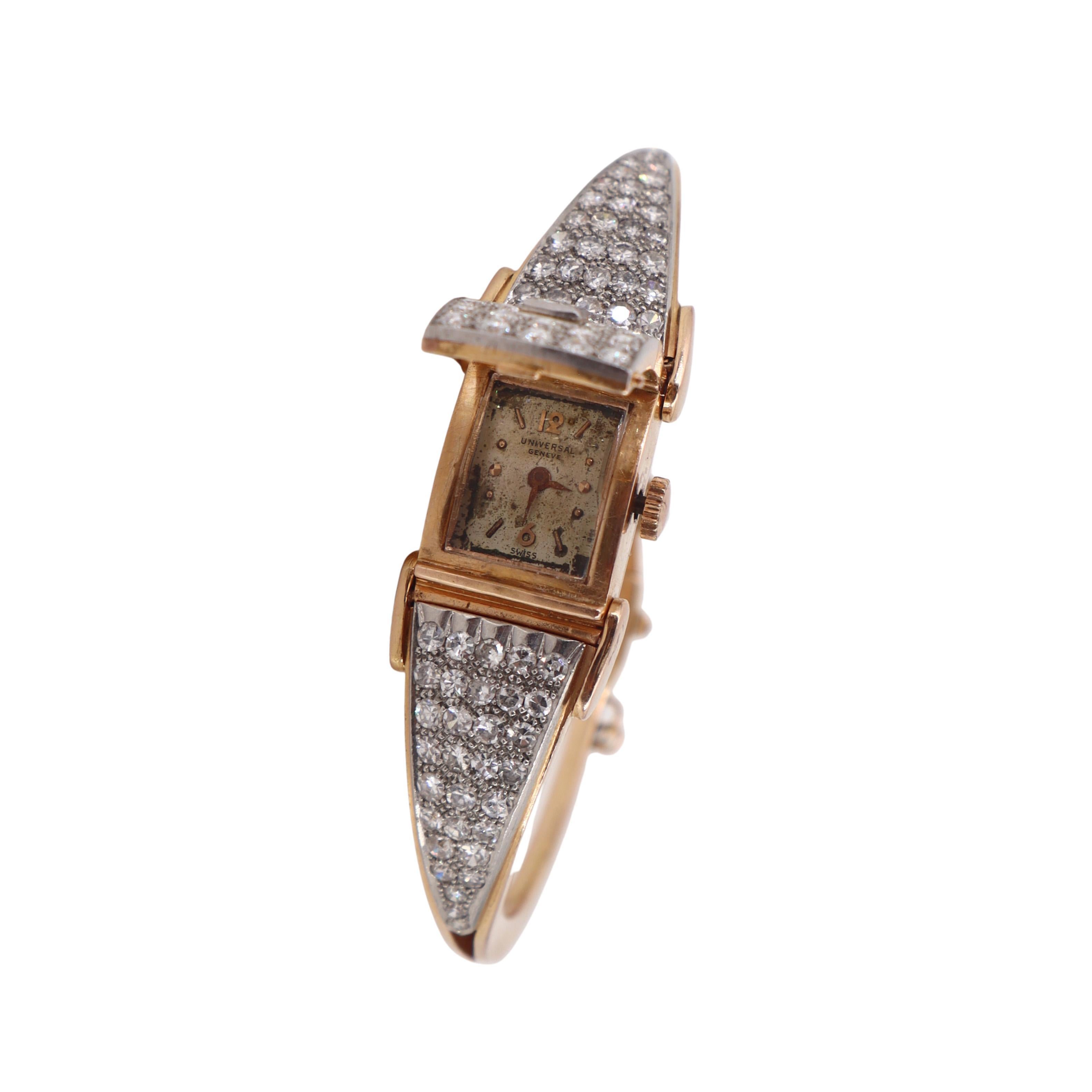 Art déco Art Deco 18kt Gold Bangle Universal Geneve Watch with 4.40 CTW in Diamonds en vente