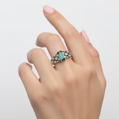 Art Deco 18kt Gold & Paltinum Ring with Green Tourmaline & Diamonds