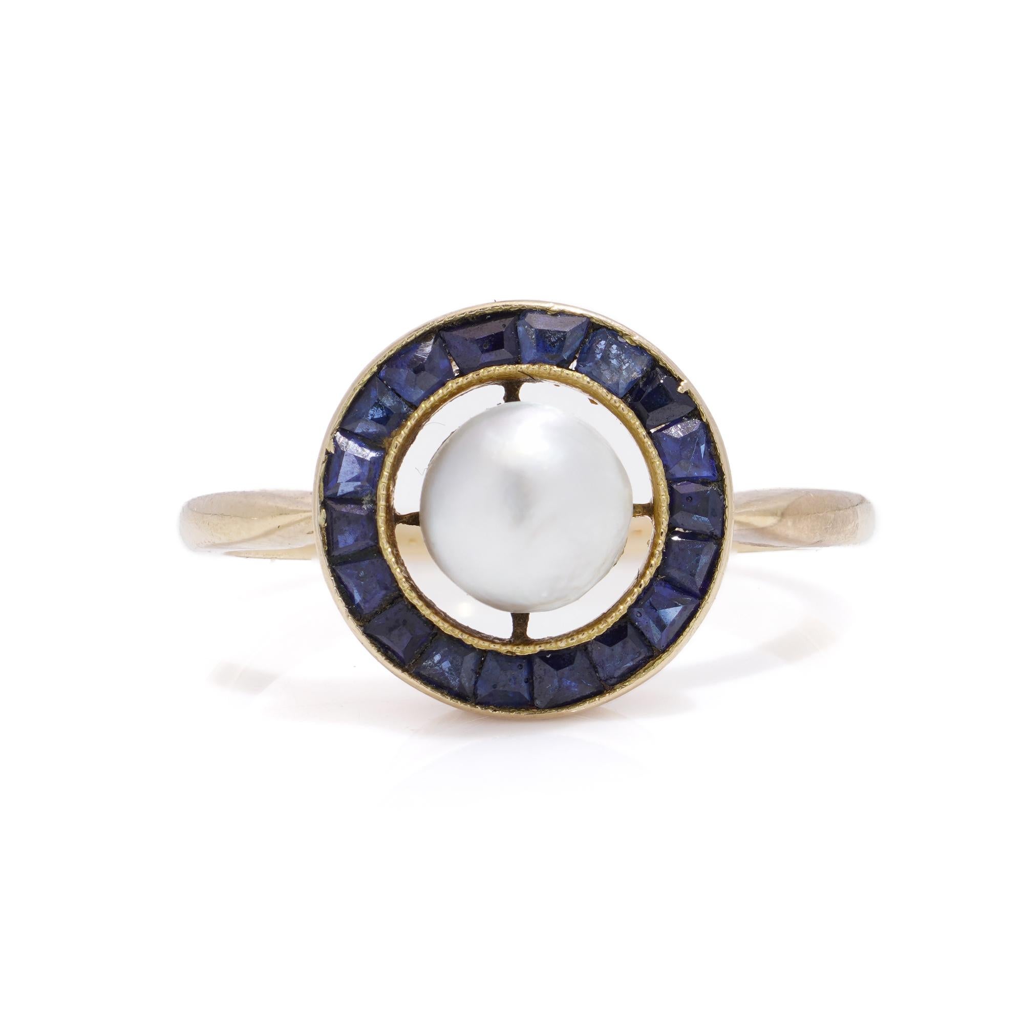 Art Deco 18kt rose gold pearl and sapphire ladies ring.
Made in Europe, CA. 1920's 
X-ray tested positive for 18kt gold. 

Dimensions - 
Finger Size (UK) = K 1/2 (US) = 5.75 (EU) = 52.5 
Weight: 3.00 grams

Sapphires - 
Cut: Calibre 
Quantity of