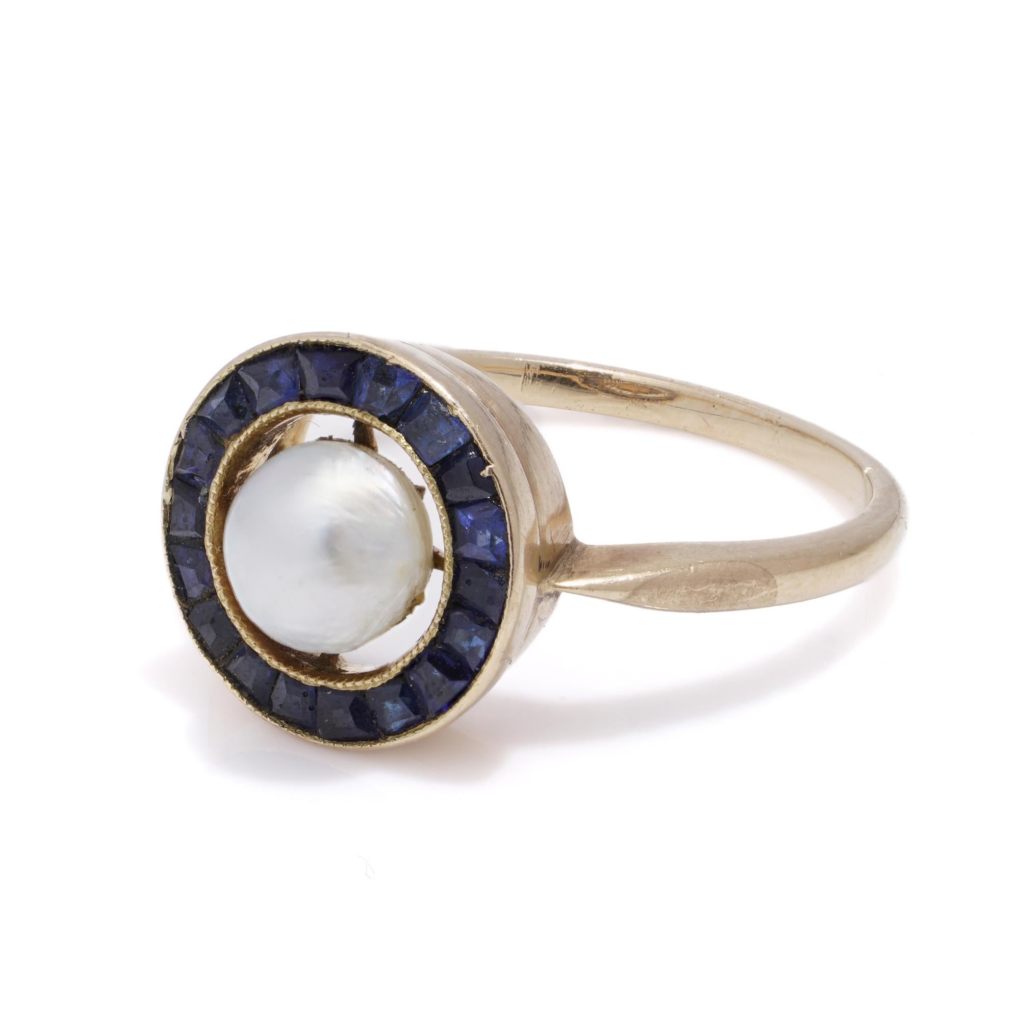 Art Deco 18kt rose gold pearl and sapphire ladies ring For Sale 1