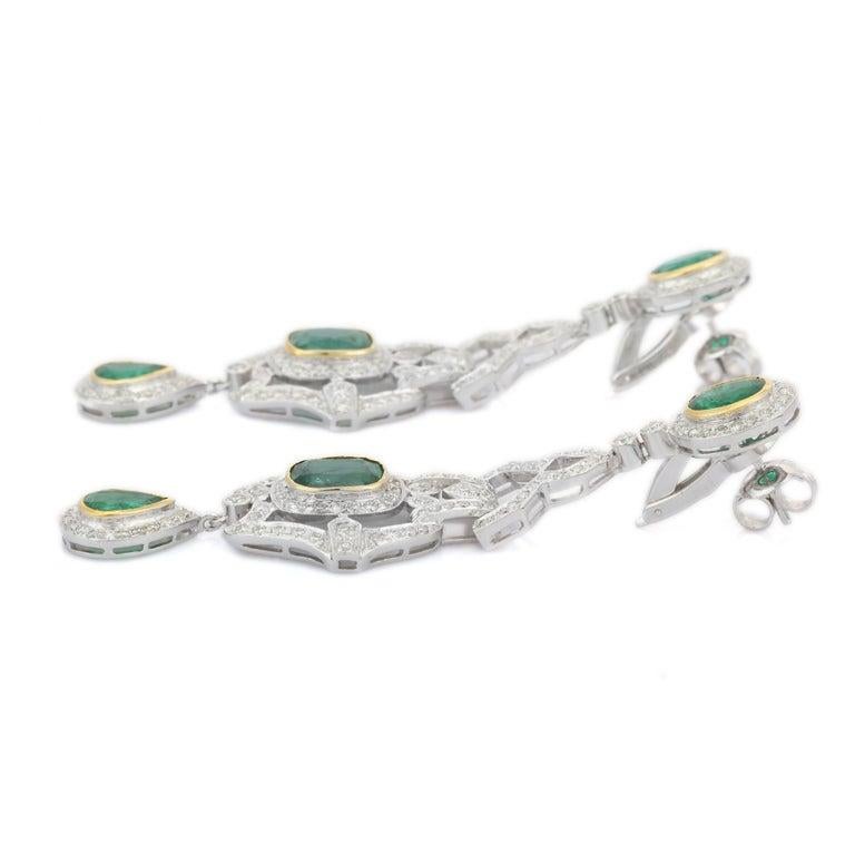 Art Deco 18kt Solid White Gold Emerald Diamond Dangle Earrings For Women For Sale 2