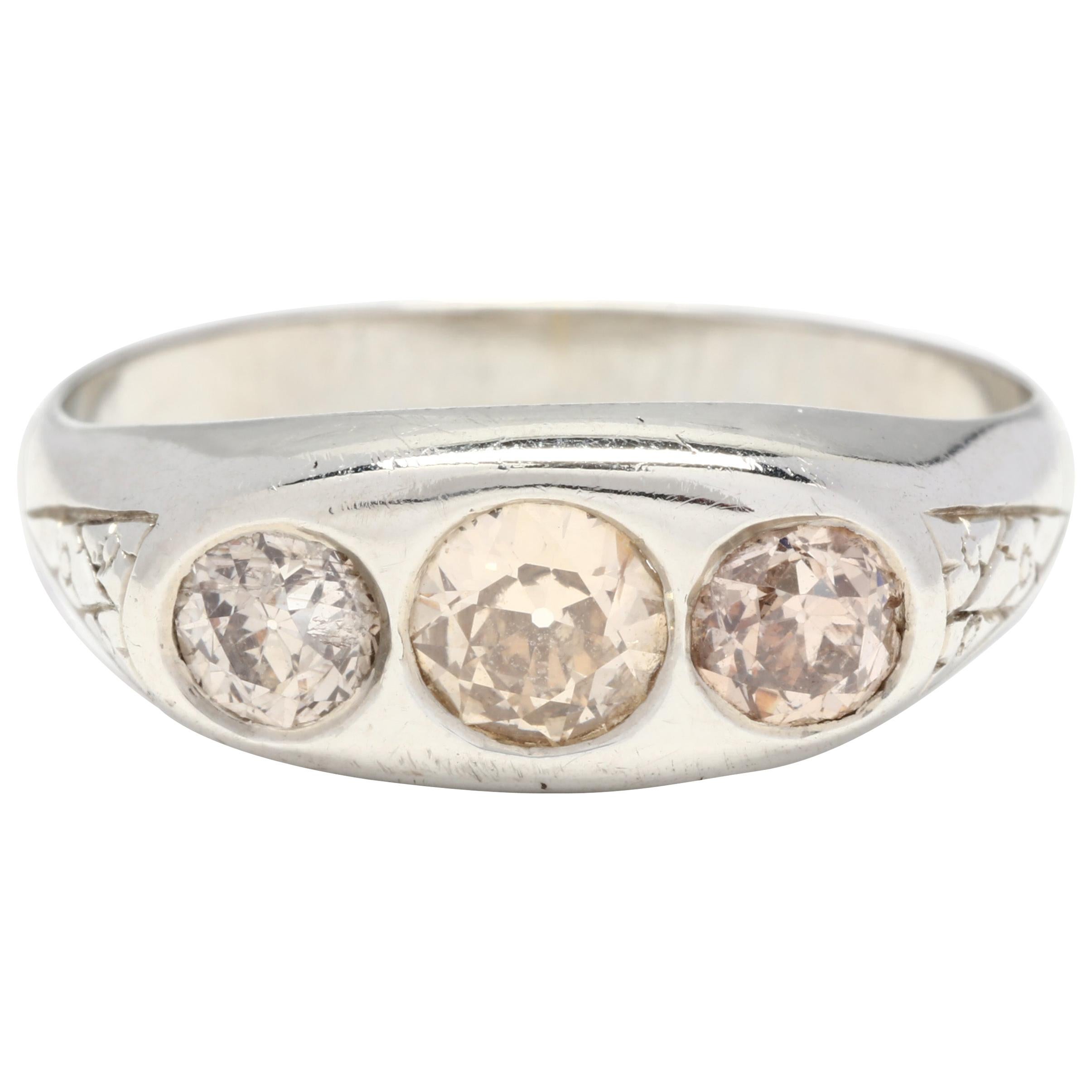 Art Deco 18KT White Gold and Cognac Old European Cut Diamond Three-Stone Ring