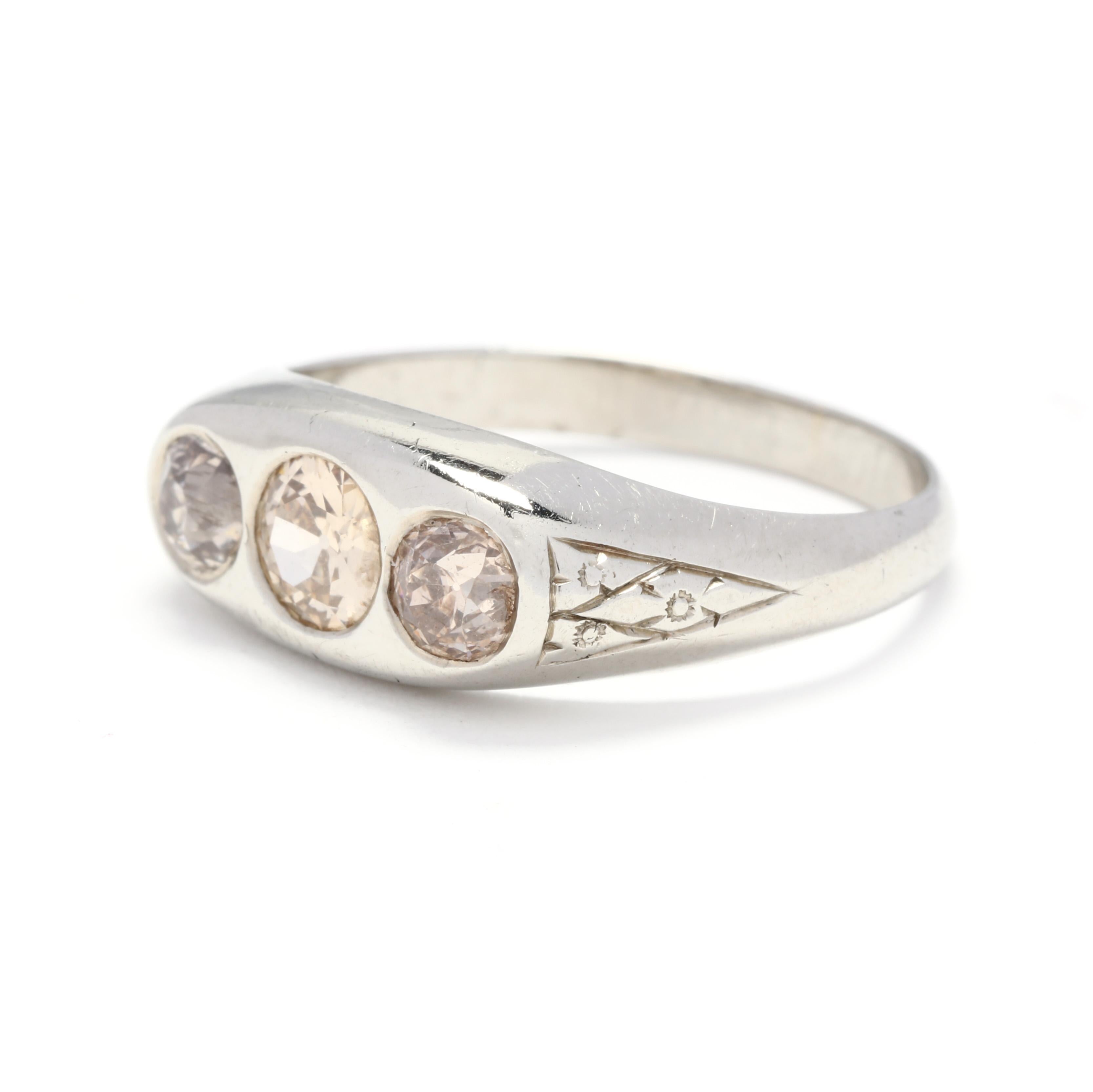Women's or Men's Art Deco 18KT White Gold and Cognac Old European Cut Diamond Three-Stone Ring