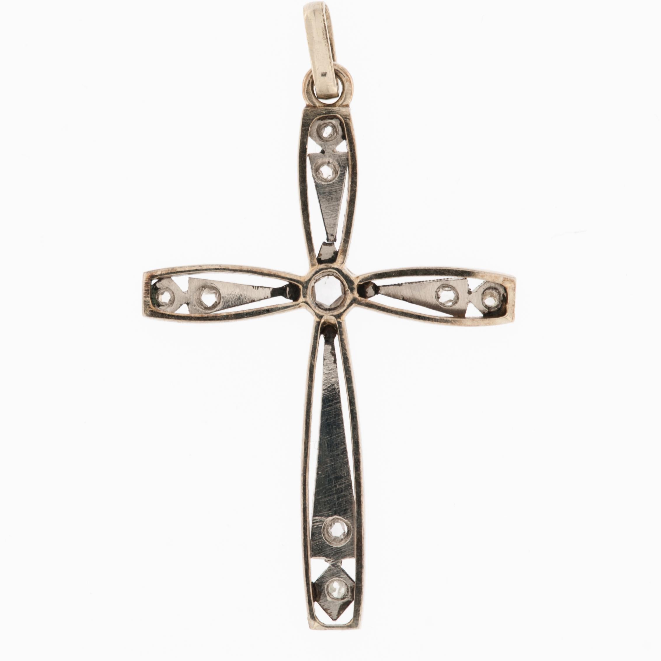 Old Mine Cut Art Deco 18kt White Gold Cross with Diamonds For Sale