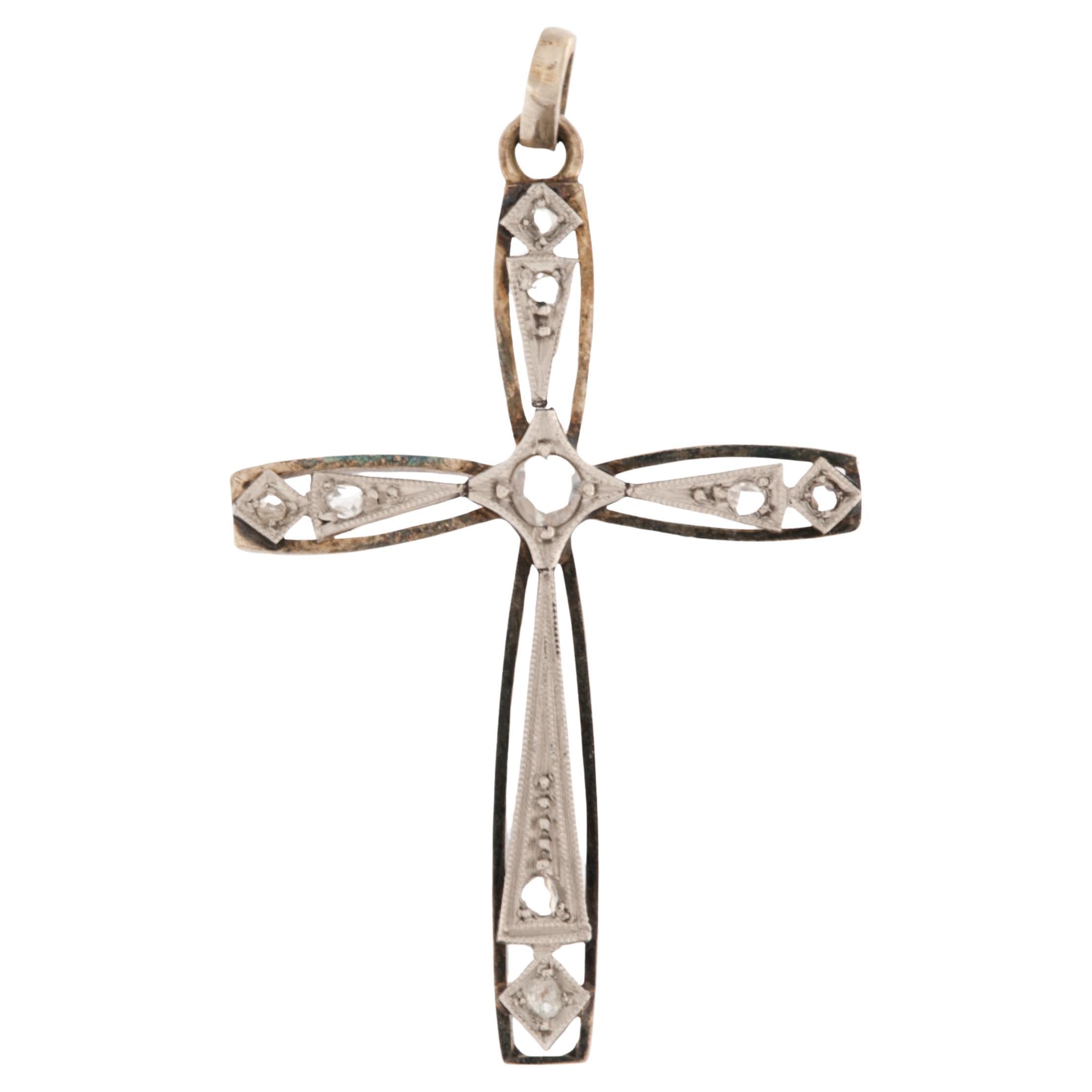 Art Deco 18kt White Gold Cross with Diamonds For Sale