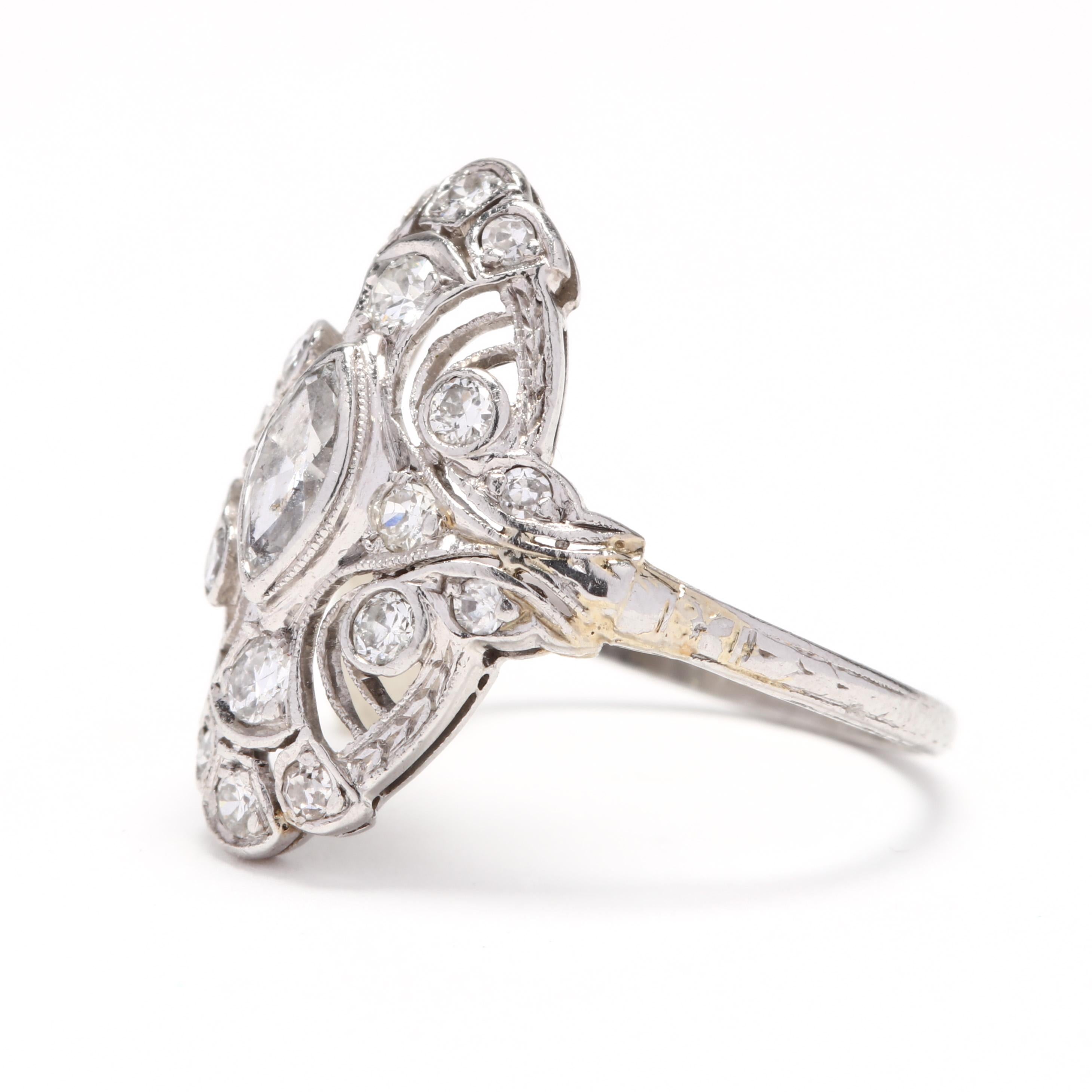 Art Deco 18 Karat White Gold Diamond Navette Ring In Good Condition In McLeansville, NC