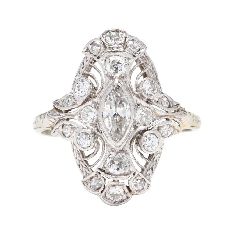 Art Deco 18 Karat White Gold Diamond Navette Ring at 1stDibs