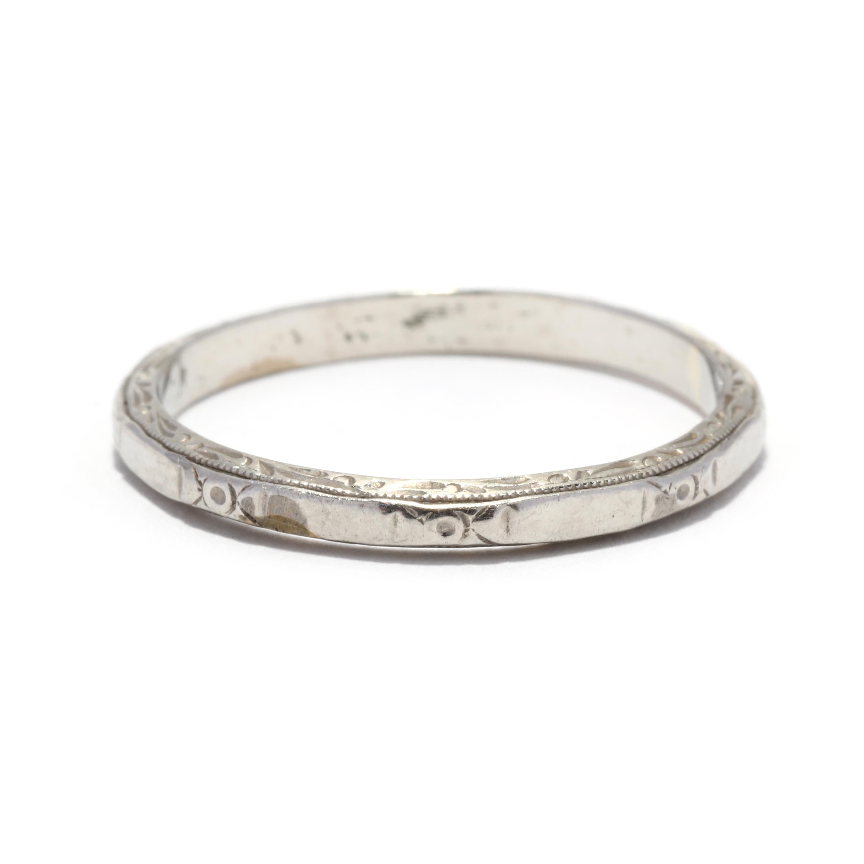 Art Deco 18KT White Gold Engraved Wedding Band In Good Condition In McLeansville, NC