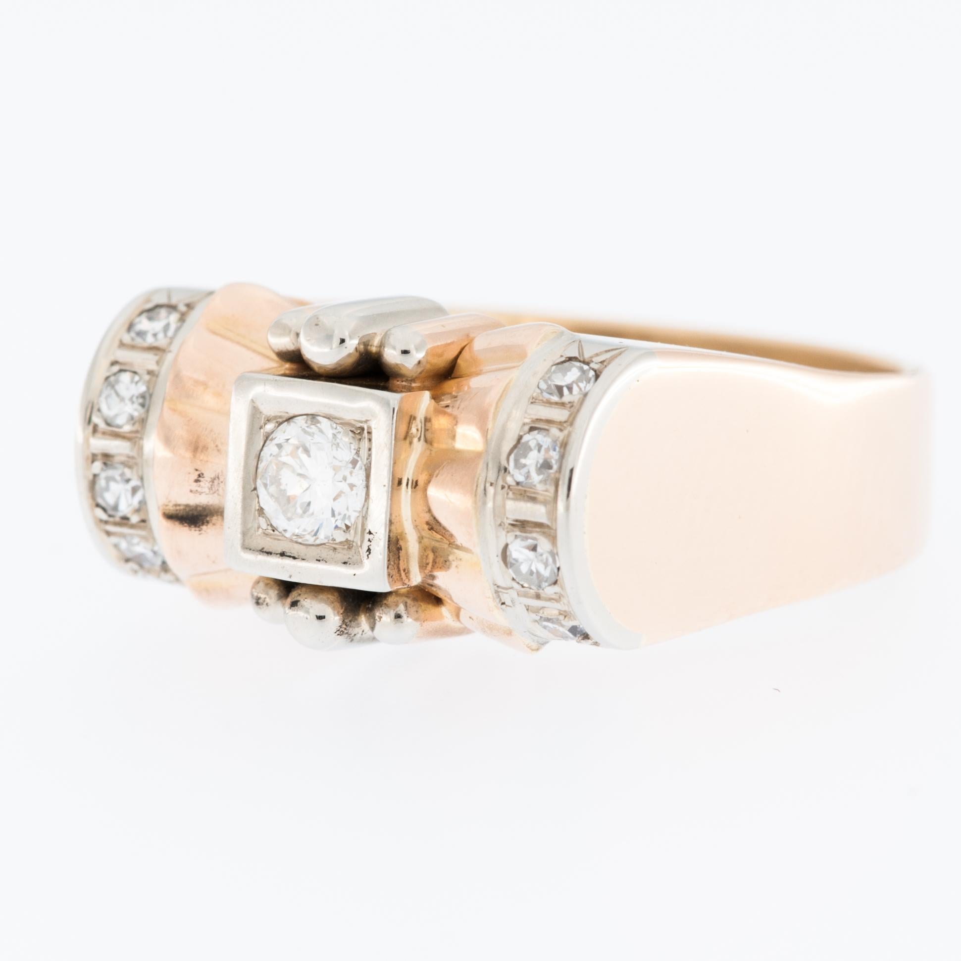Women's or Men's Art Deco 18 karat Yellow and White Gold Hand-Chiselled Ring with Diamonds For Sale