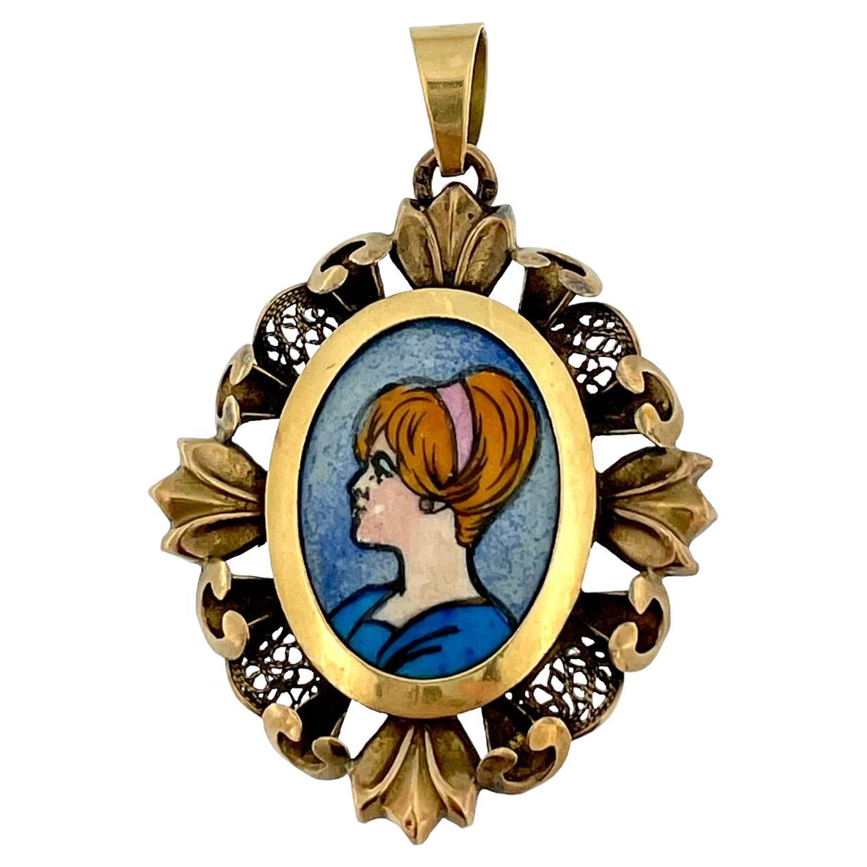 Art Deco 18kt Yellow Gold French Pendant Enamel Portrait