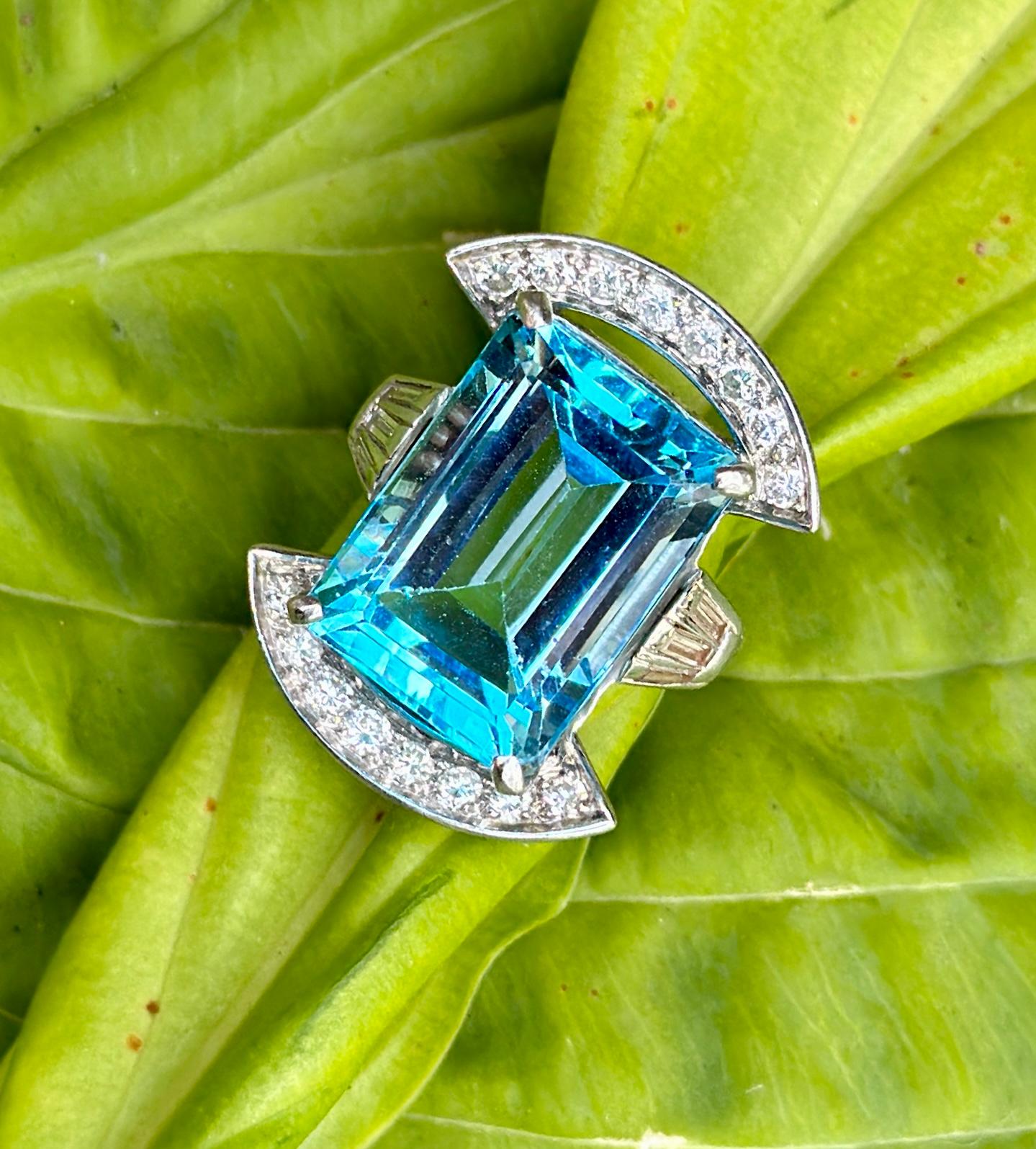 Art Deco 19 Carat Blue Topaz 24 Diamond Platinum Cocktail Ring Statement Ring For Sale 4