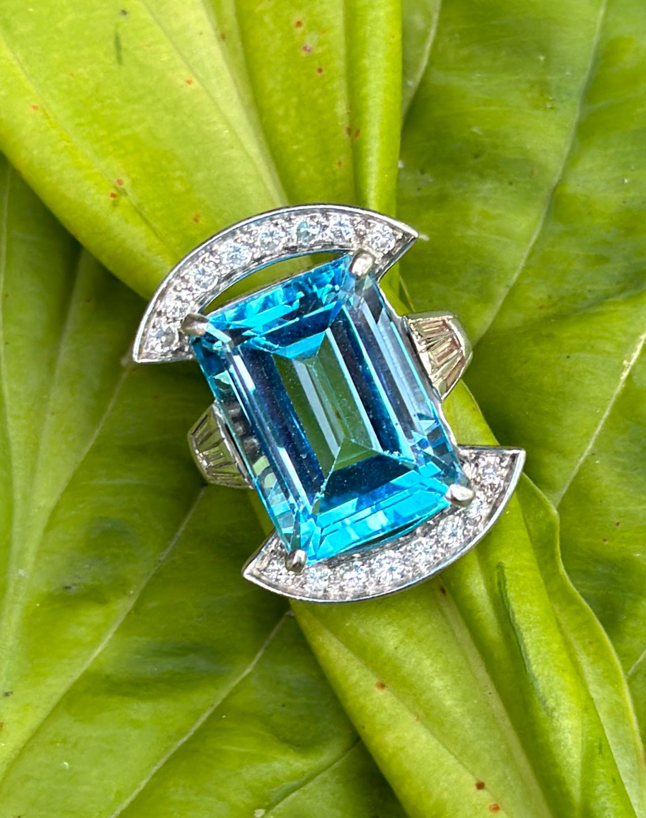 Art Deco 19 Carat Blue Topaz 24 Diamond Platinum Cocktail Ring Statement Ring For Sale 7
