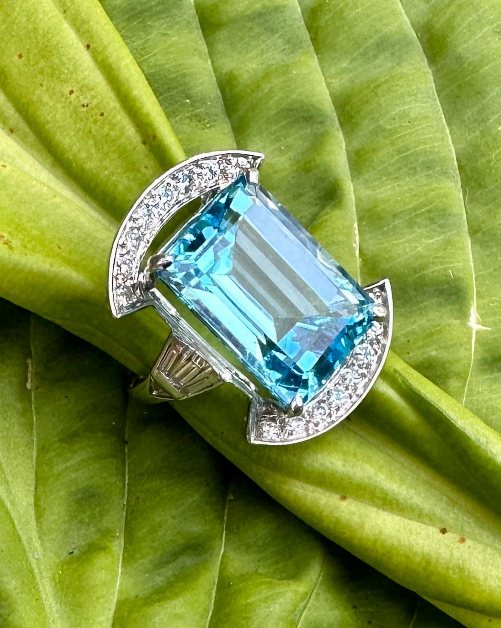 Art Deco 19 Carat Blue Topaz 24 Diamond Platinum Cocktail Ring Statement Ring For Sale 9