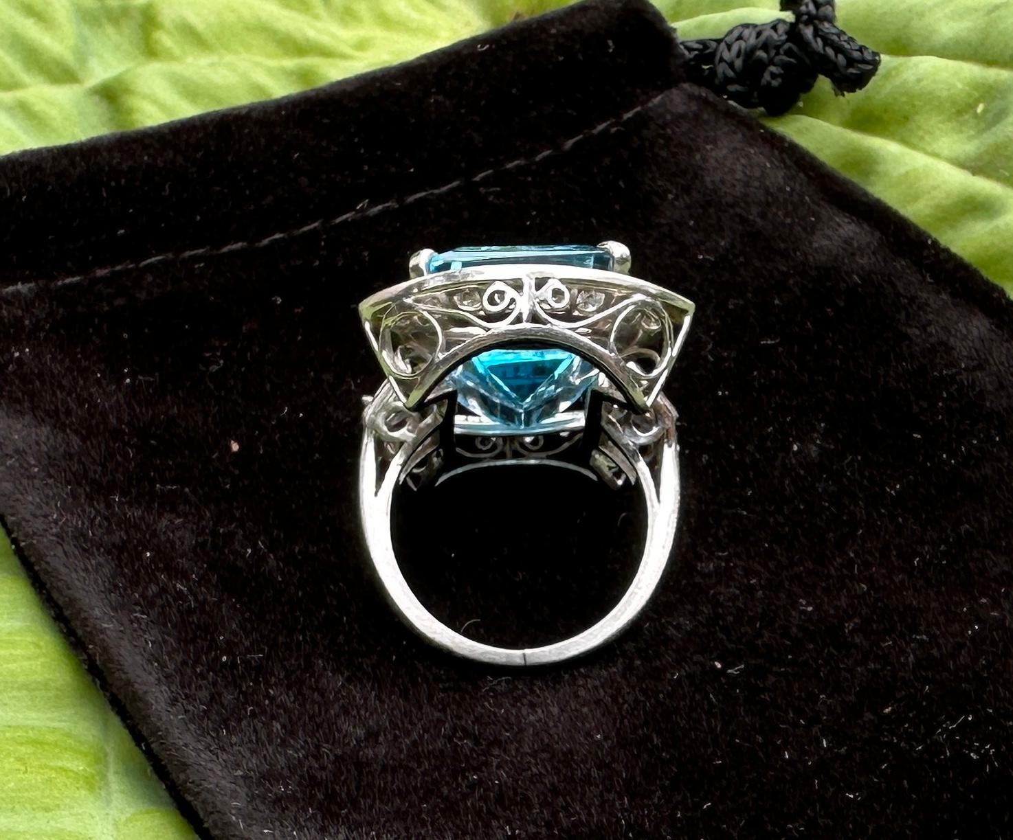 Art Deco 19 Carat Blue Topaz 24 Diamond Platinum Cocktail Ring Statement Ring For Sale 10