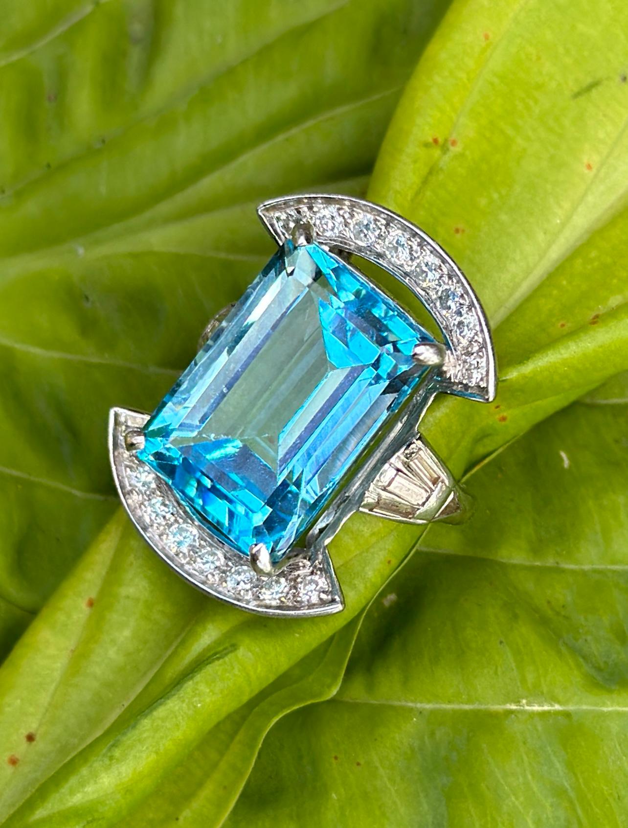 Emerald Cut Art Deco 19 Carat Blue Topaz 24 Diamond Platinum Cocktail Ring Statement Ring For Sale