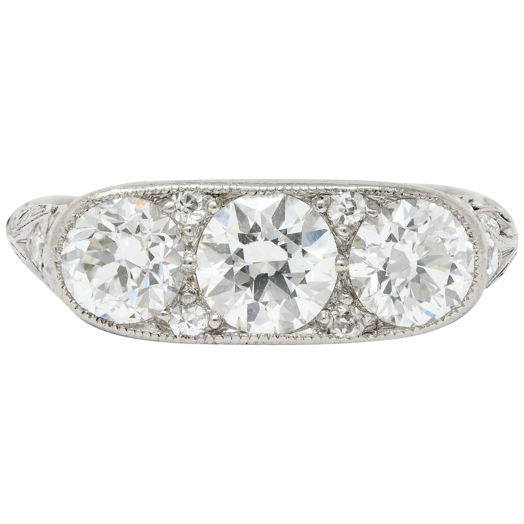 Art Deco 1.90 Carat Diamond Platinum Three-Stone Dinner Ring