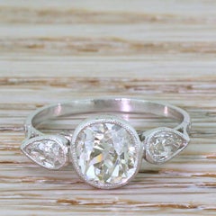 Art Deco 1.90 Carat Old Cushion and Old Pear Cut Diamond Trilogy Ring