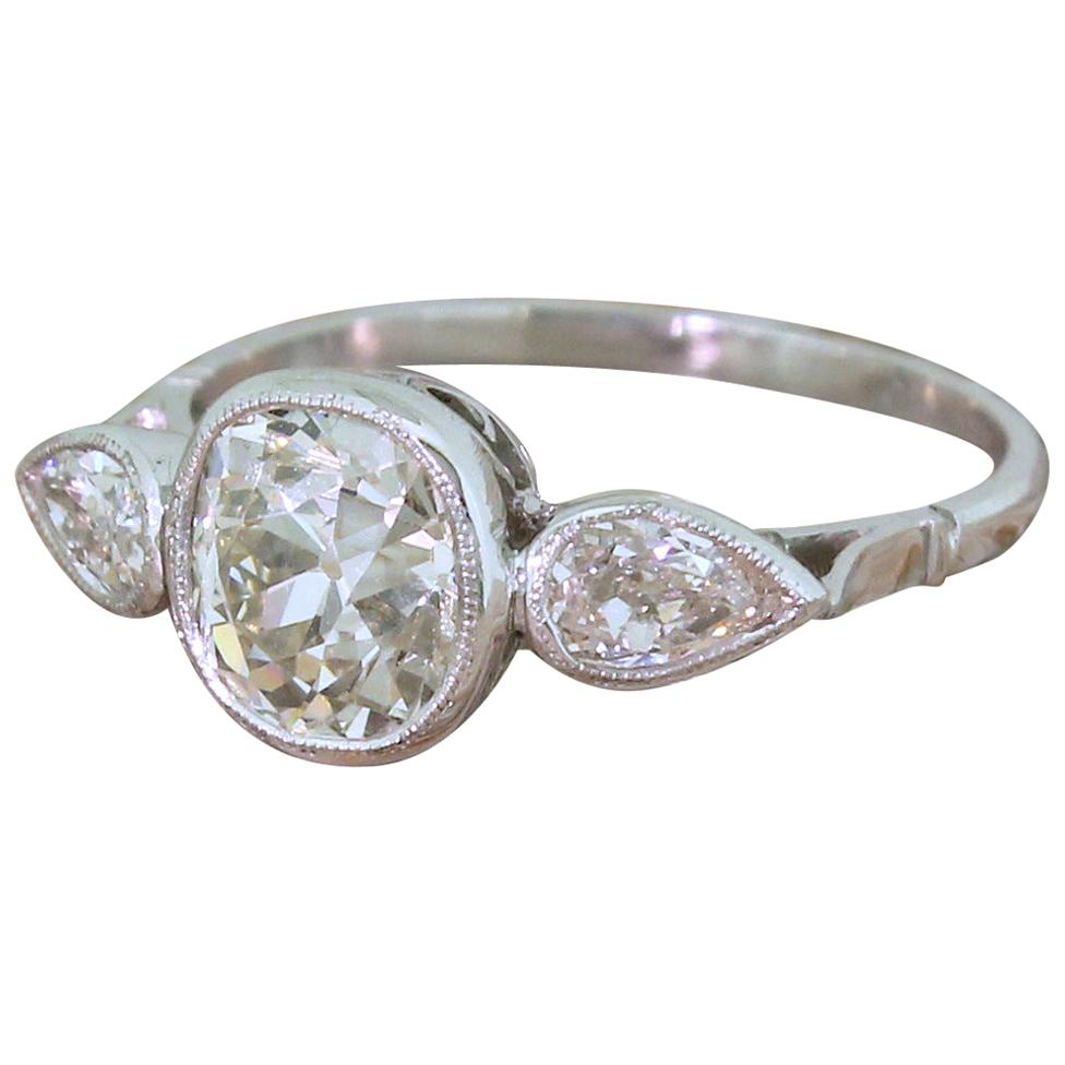 Art Deco 1.90 Carat Old Cushion and Old Pear Cut Diamond Trilogy Ring For Sale