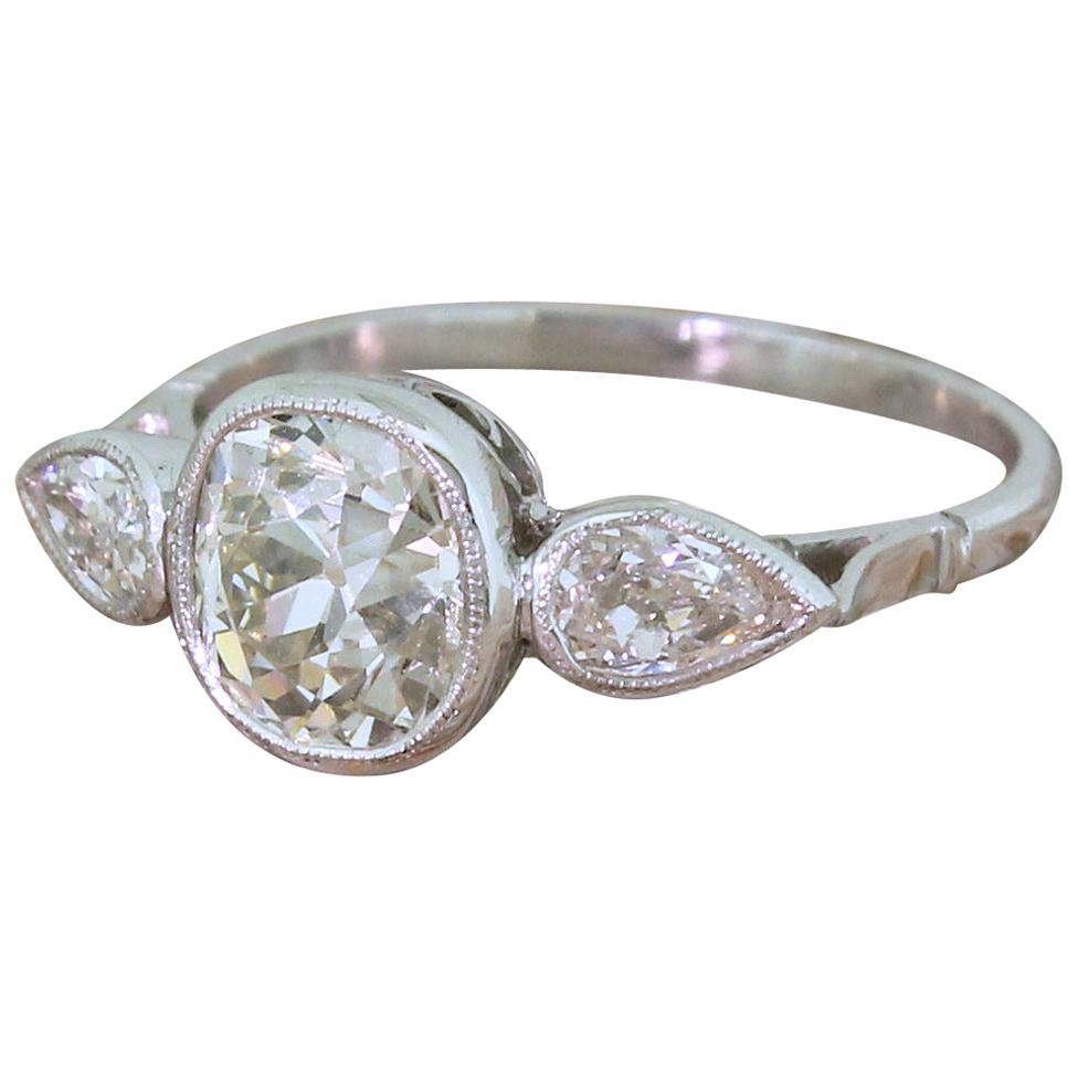 Art Deco 1.90 Carat Old Cushion and Old Pear Cut Diamond Trilogy Ring ...